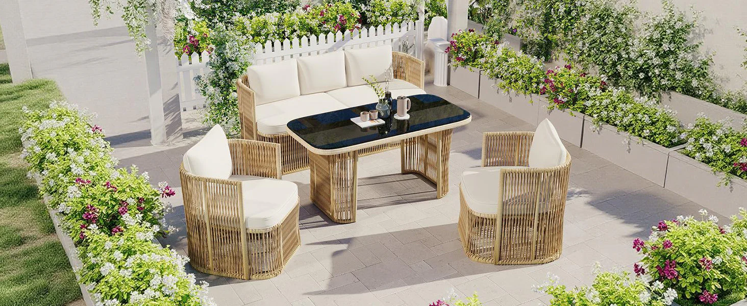 4-Piece Garden Furniture Set with 3-Seater Sofa, 2 Armchairs and Glass Table, PE Rattan and Steel - Image 7