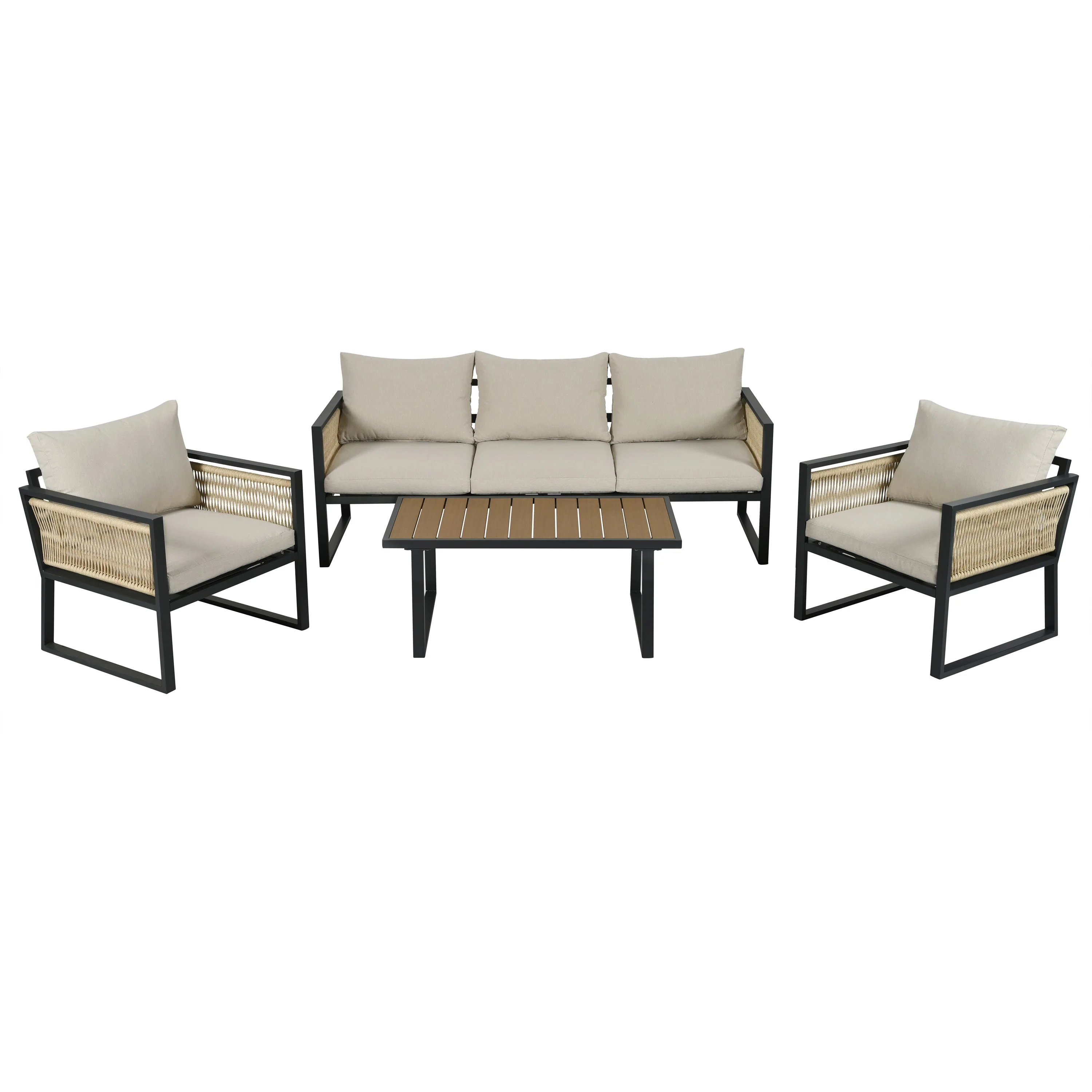 4-Piece Garden Lounge Set with 3-Seater Sofa, Armchairs and Coffee Table, Beige Wood Look and Galvanized Steel - Image 8