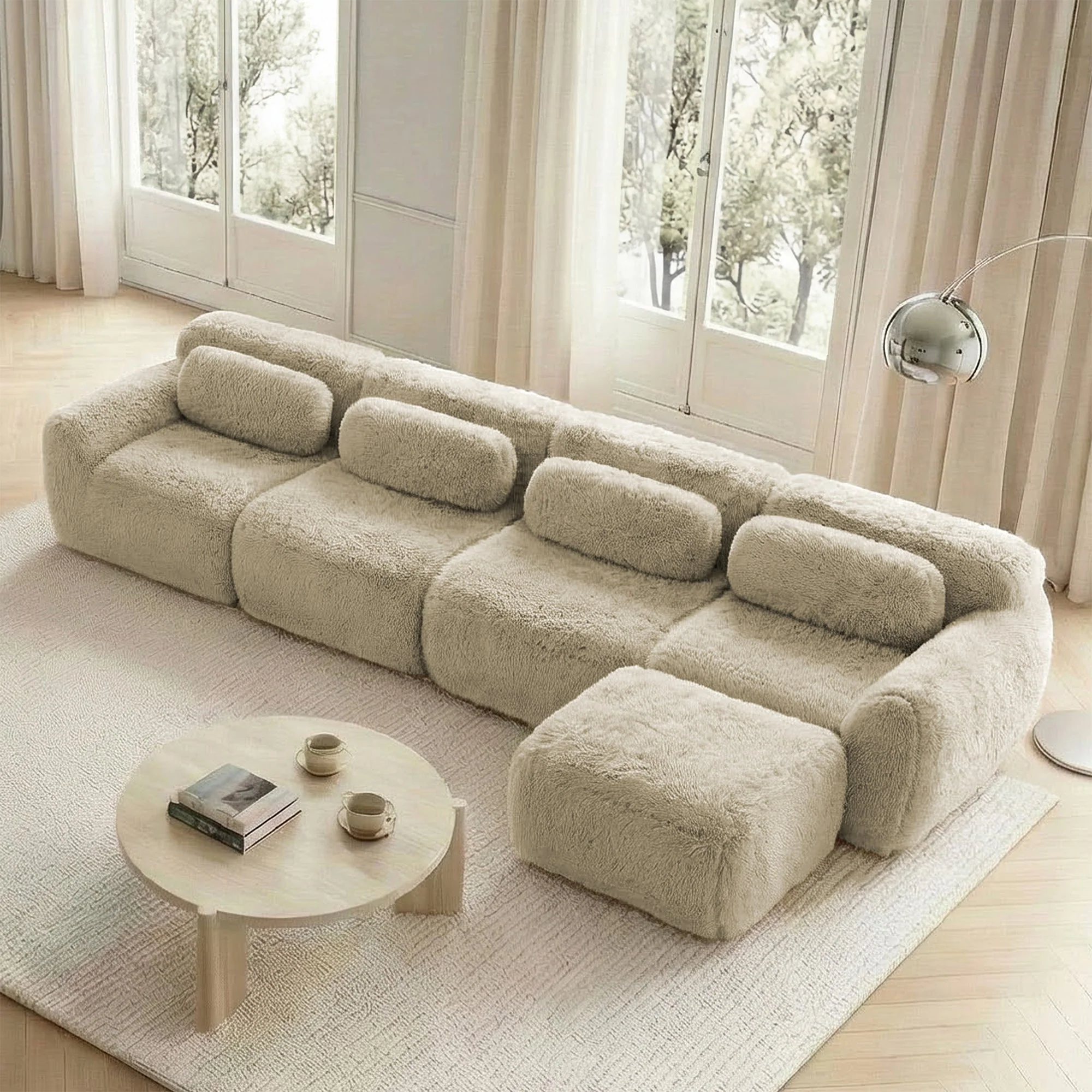 4-Seater L-Shaped Sofa Modular Chaise Plush Fabric - Light Khaki - Image 2