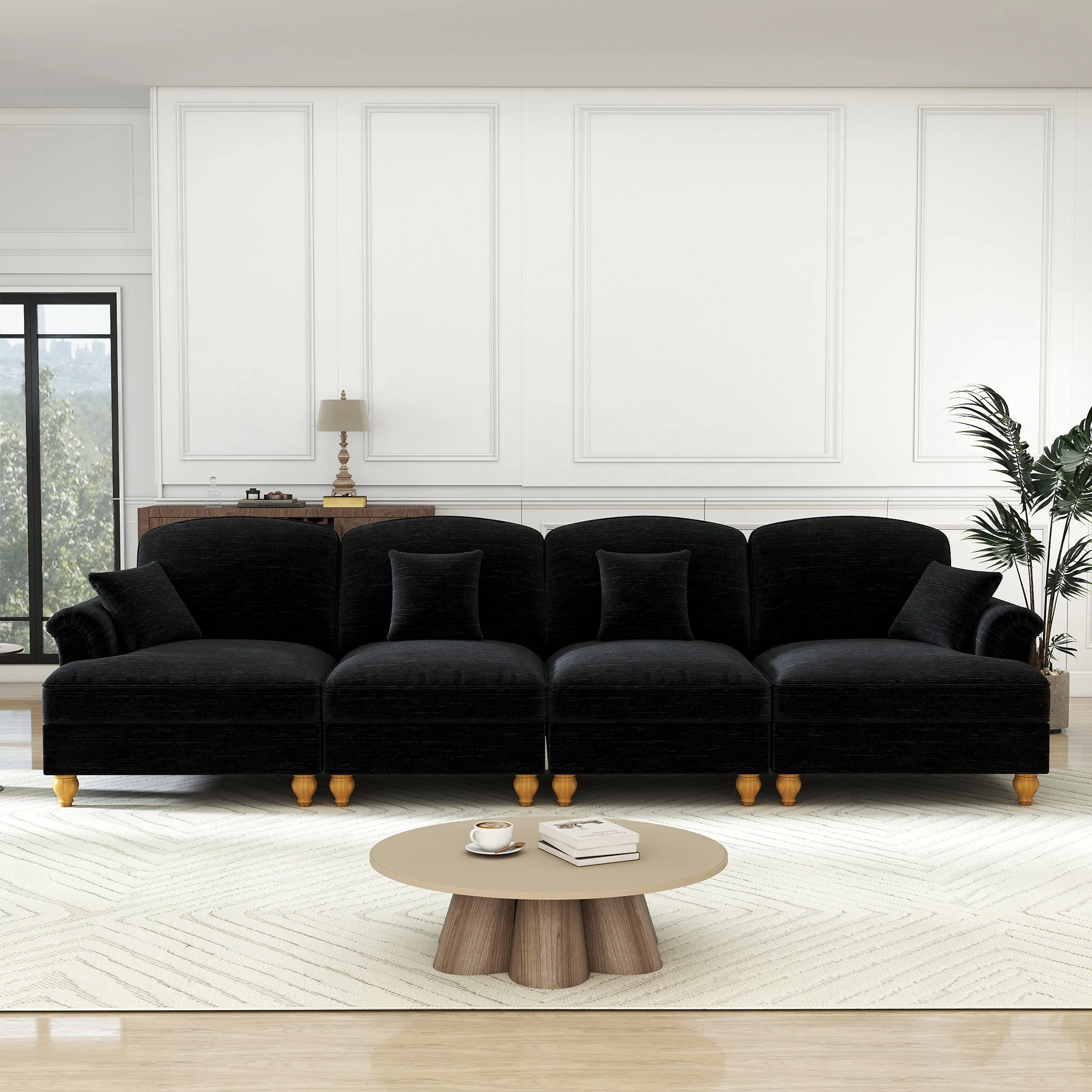 4-Seater Sofa Mid-Century Chenille Spindle Legs - Black - Image 3