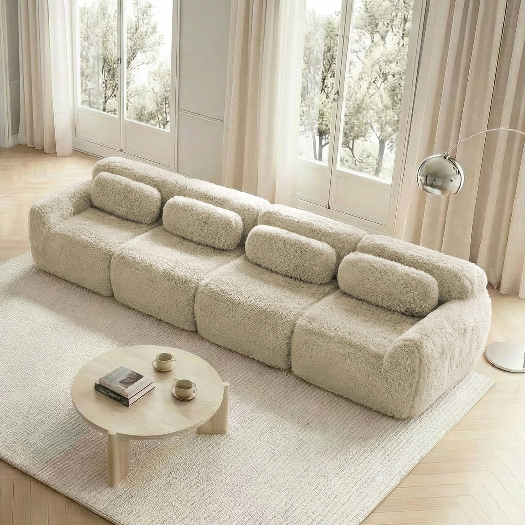 4-Seater Sofa Multiple Configurations Plush Fabric - Light Khaki - Image 3