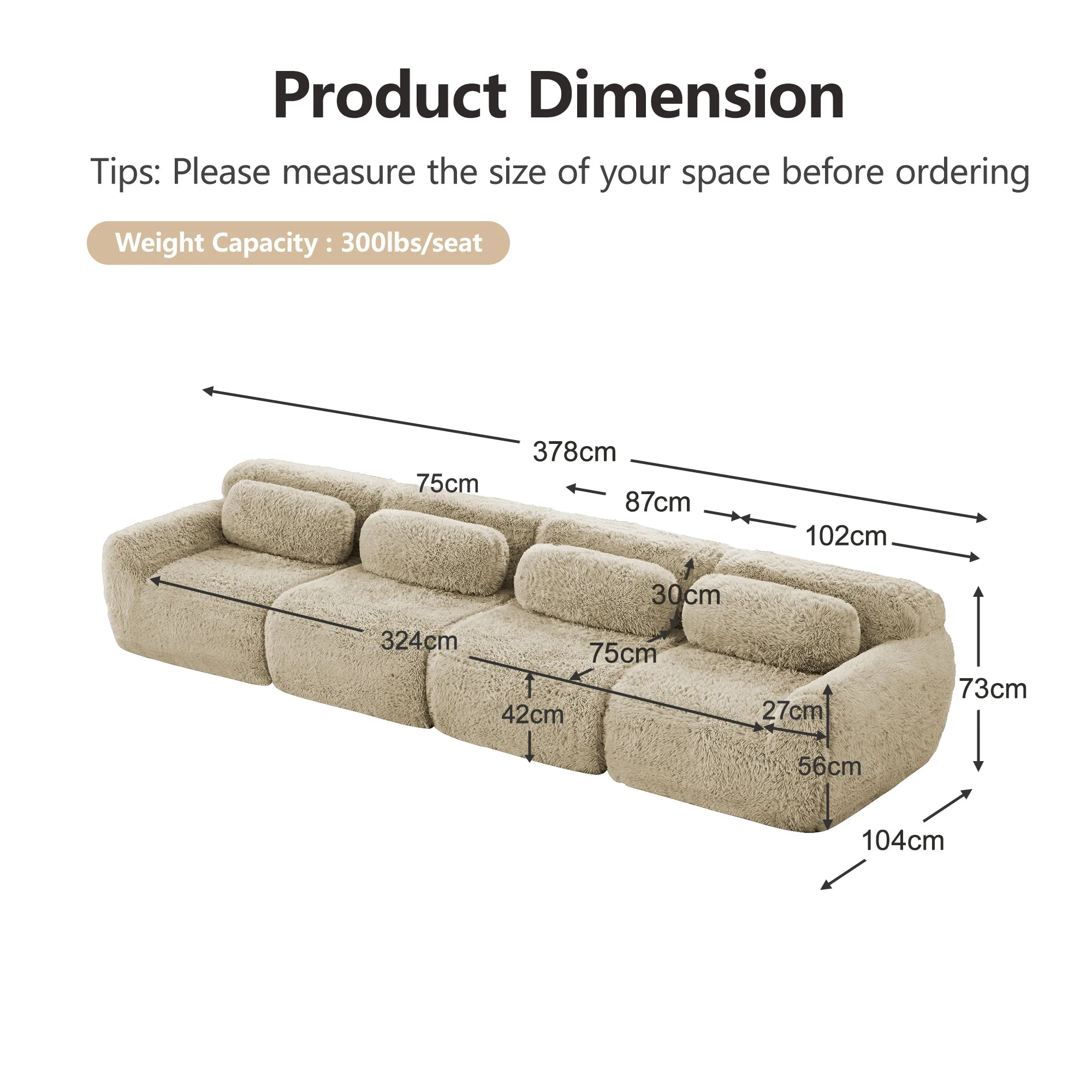4-Seater Sofa Multiple Configurations Plush Fabric - Light Khaki - Image 7