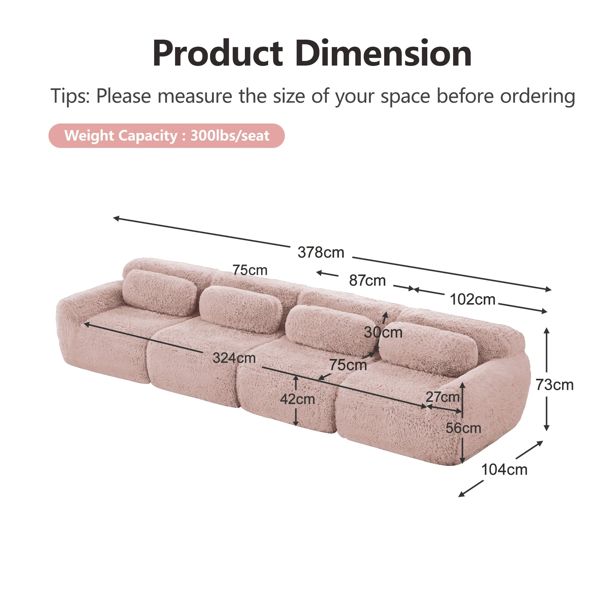 4-seater Sofa Plush Multi-Combination Ergonomic - Pink - Image 7