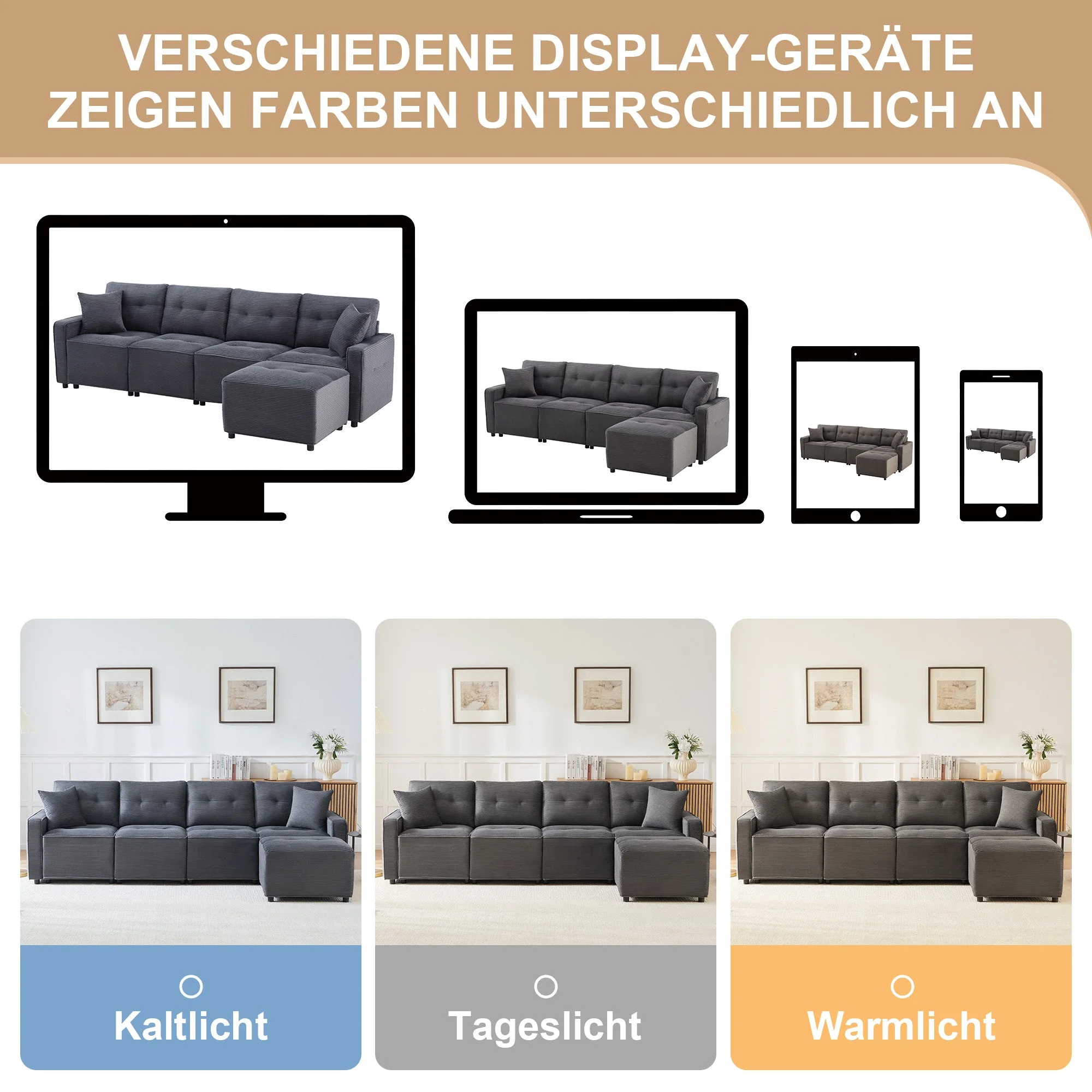 4-Seater Sofa with Storage and Ottoman, Grey Corduroy - Image 10