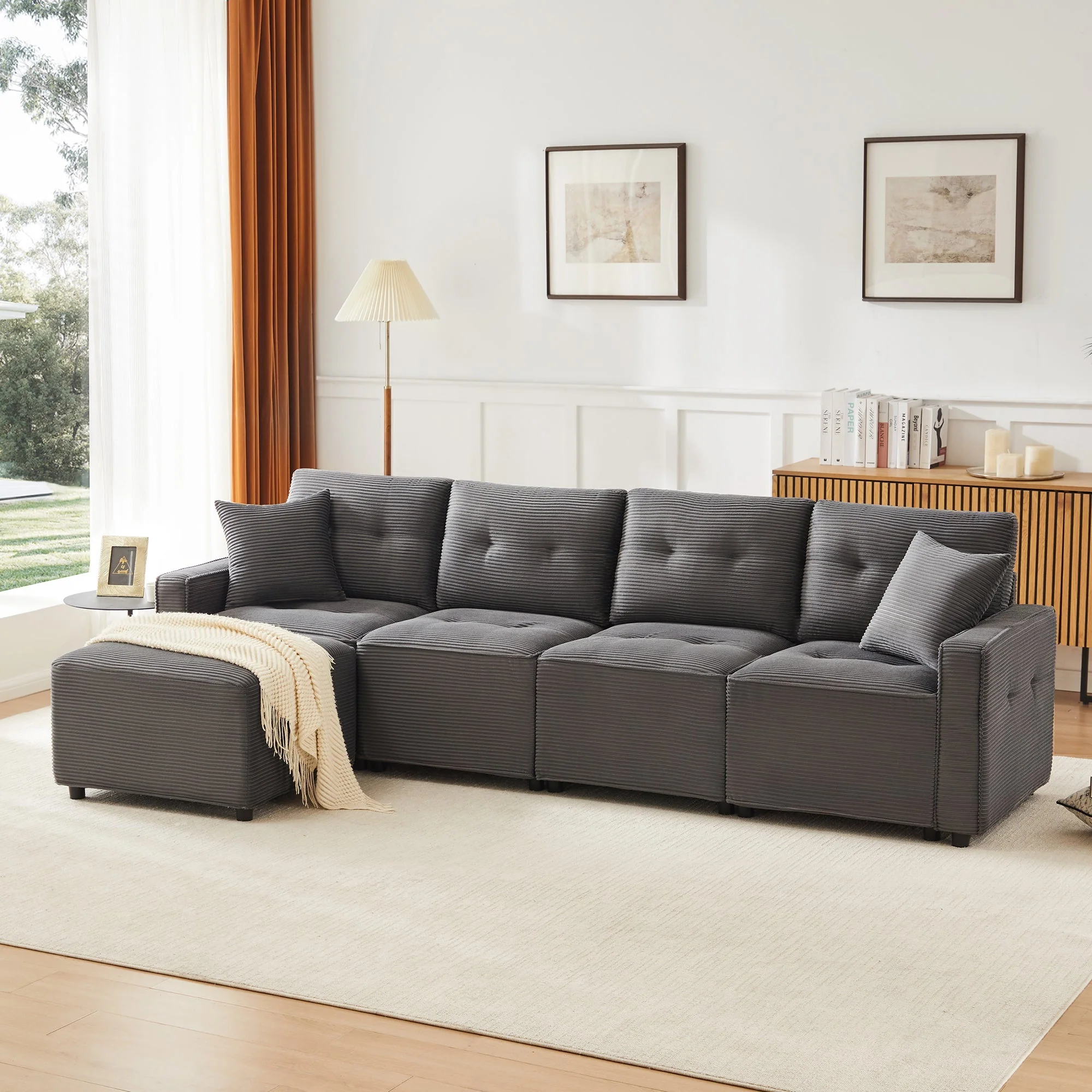 4-Seater Sofa with Storage and Ottoman, Grey Corduroy - Image 6
