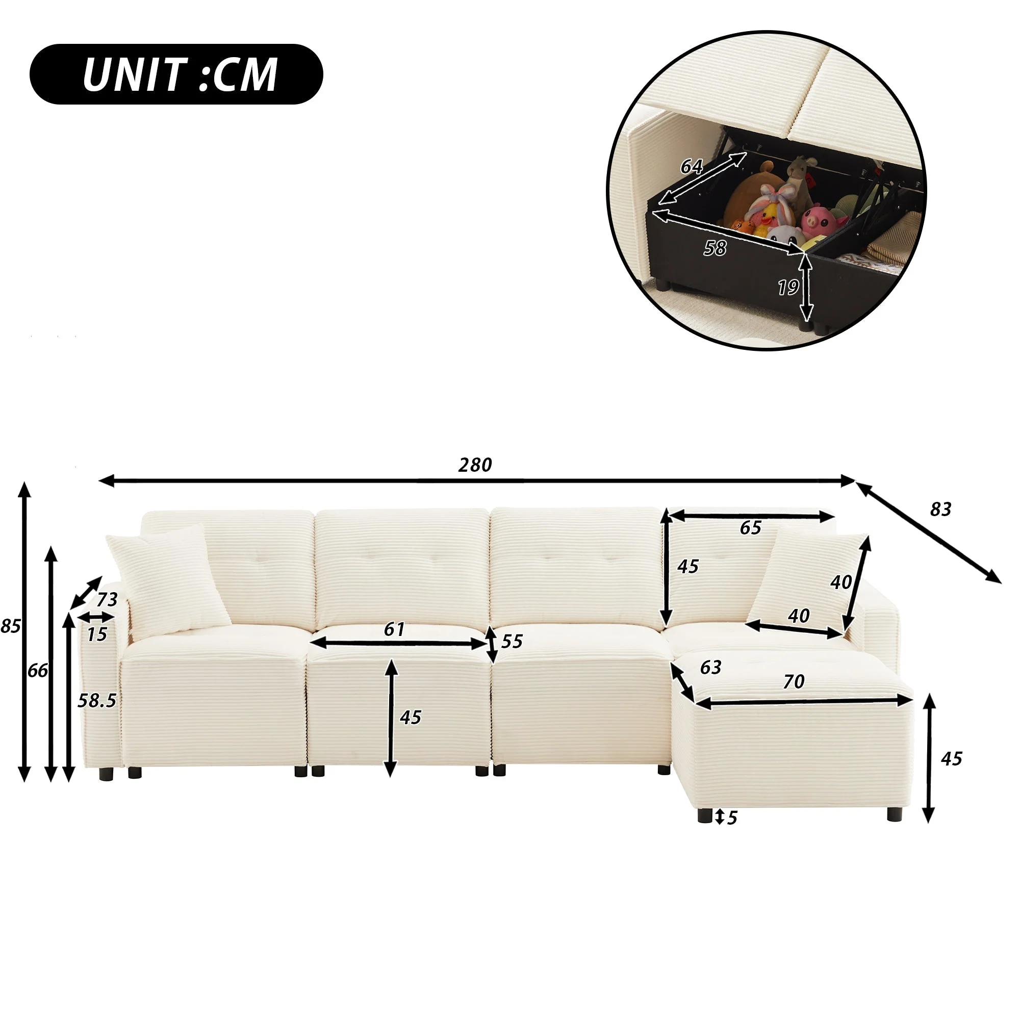 4-Seater Straight Corduroy Sofa with Under-Seat Storage and Freestanding Ottoman, Beige - Image 9