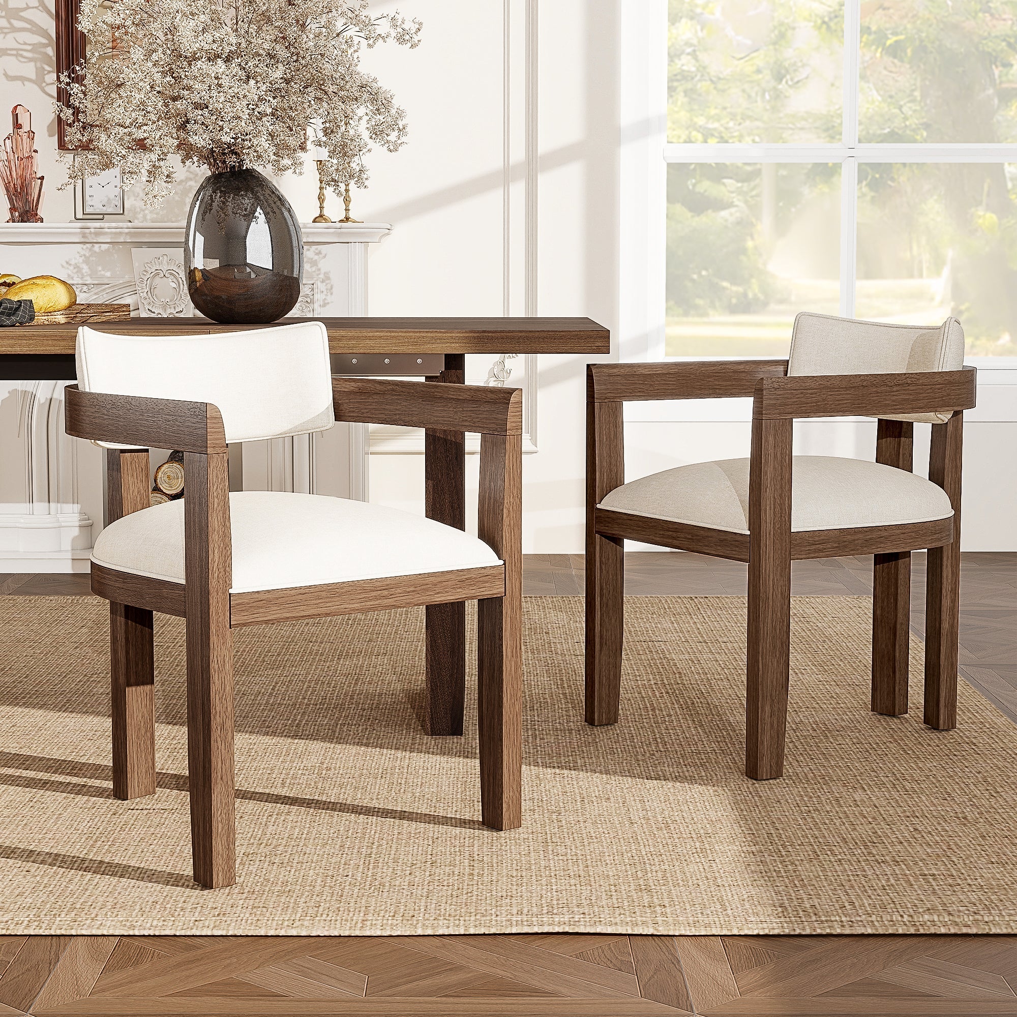 4 Solid Wood Dining Chairs Modern Style Linen Seat Walnut Wood Color - Image 2