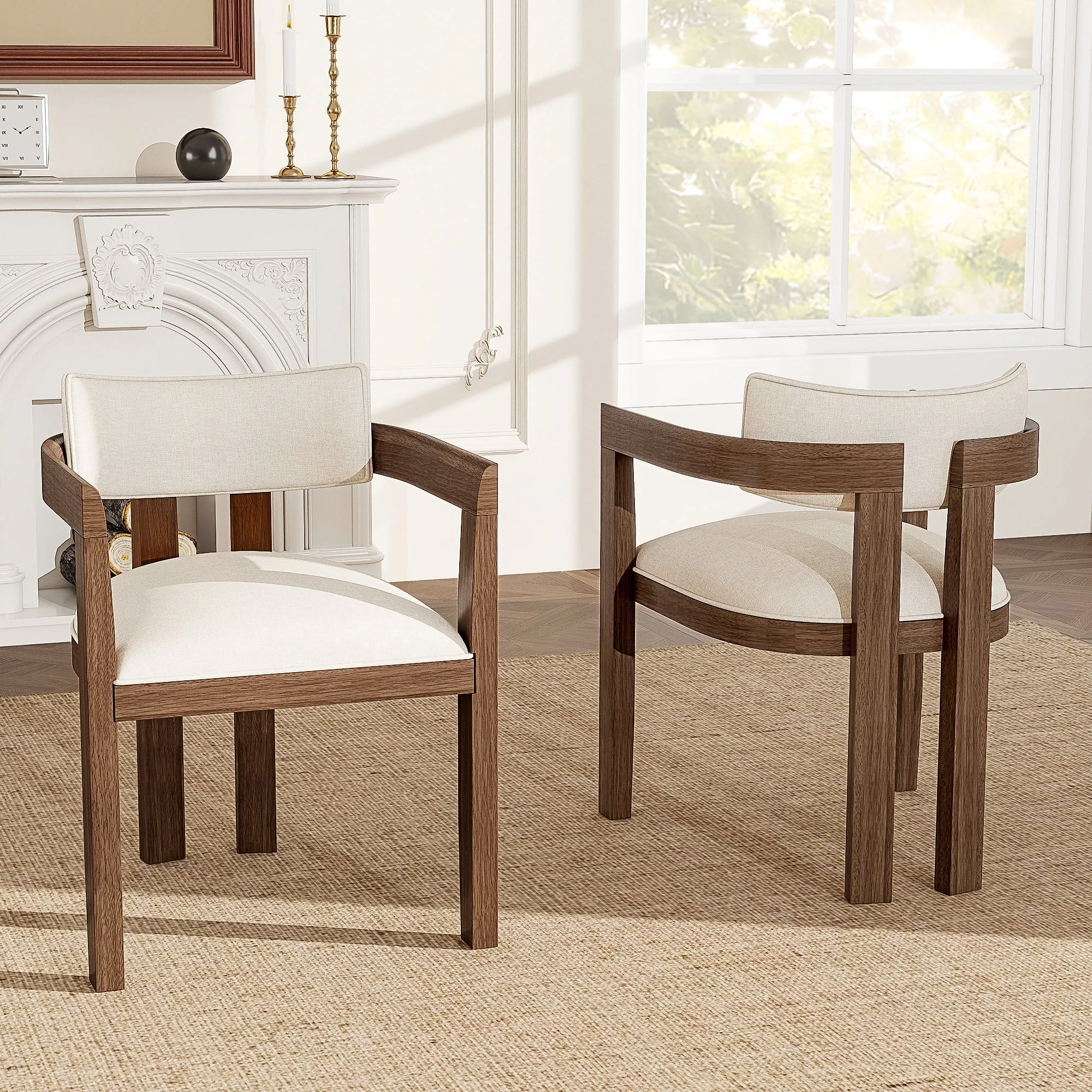 4 Solid Wood Dining Chairs Modern Style Linen Seat Walnut Wood Color - Image 3