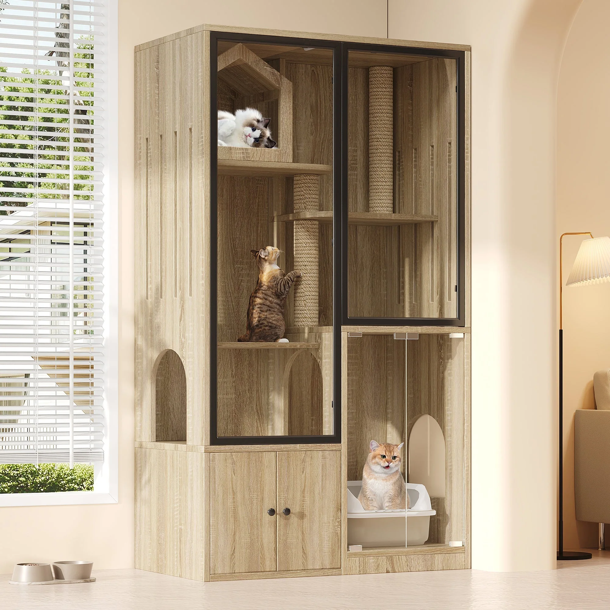 4-Story Glass Cat House Cage Winterproof 90x50x160cm - Natural Wood Color