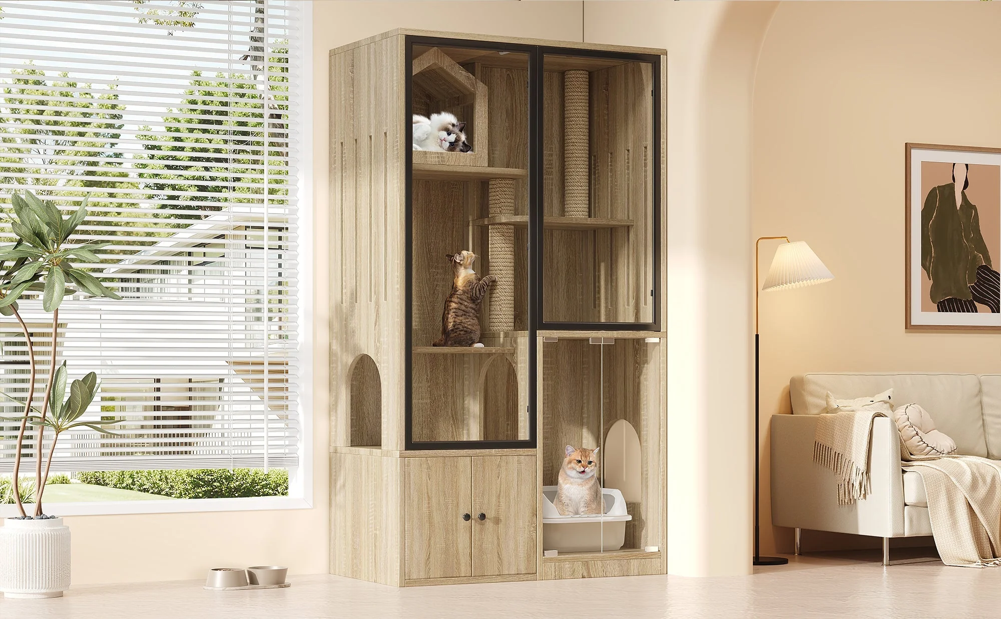 4-Story Glass Cat House Cage Winterproof 90x50x160cm - Natural Wood Color - Image 10