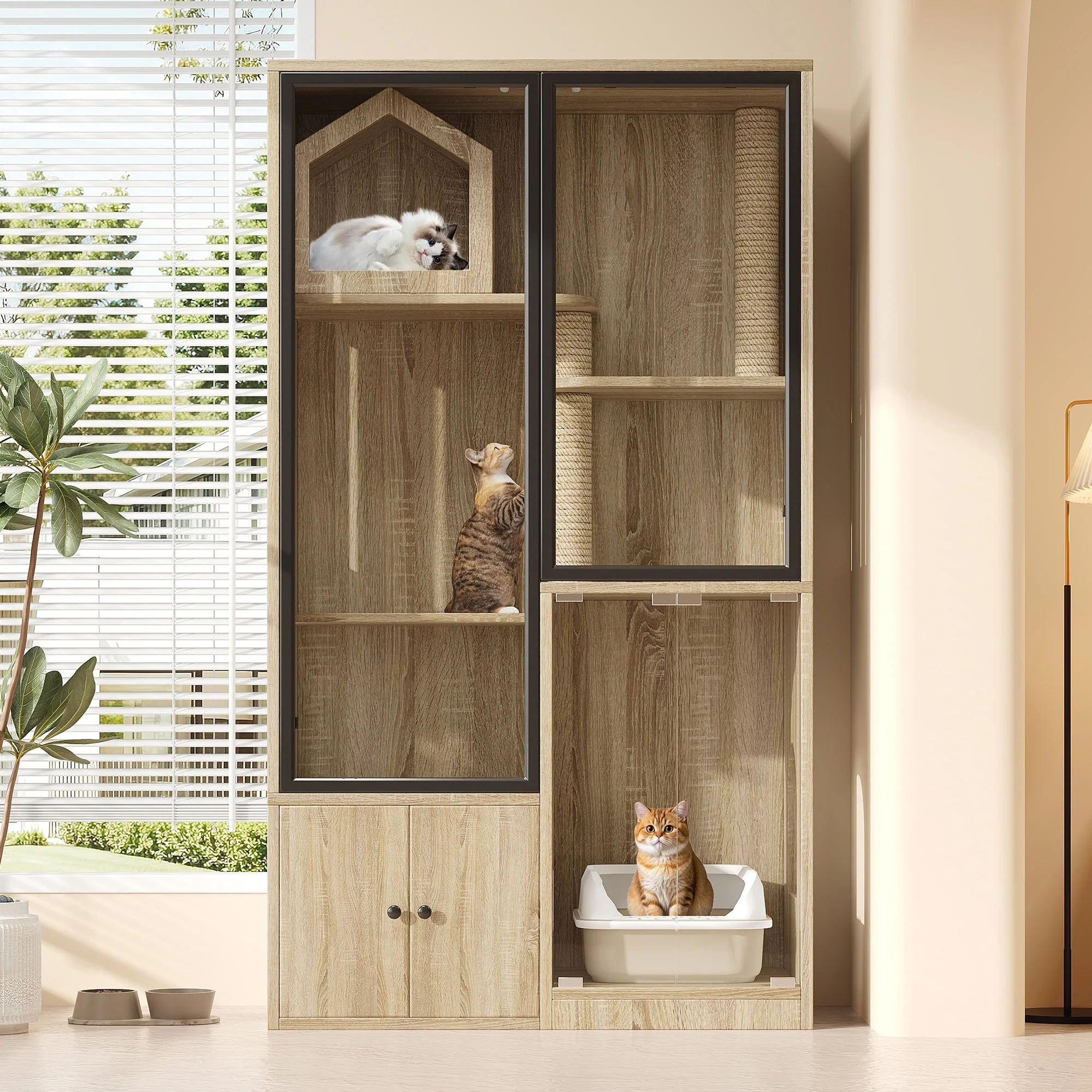 4-Story Glass Cat House Cage Winterproof 90x50x160cm - Natural Wood Color - Image 3