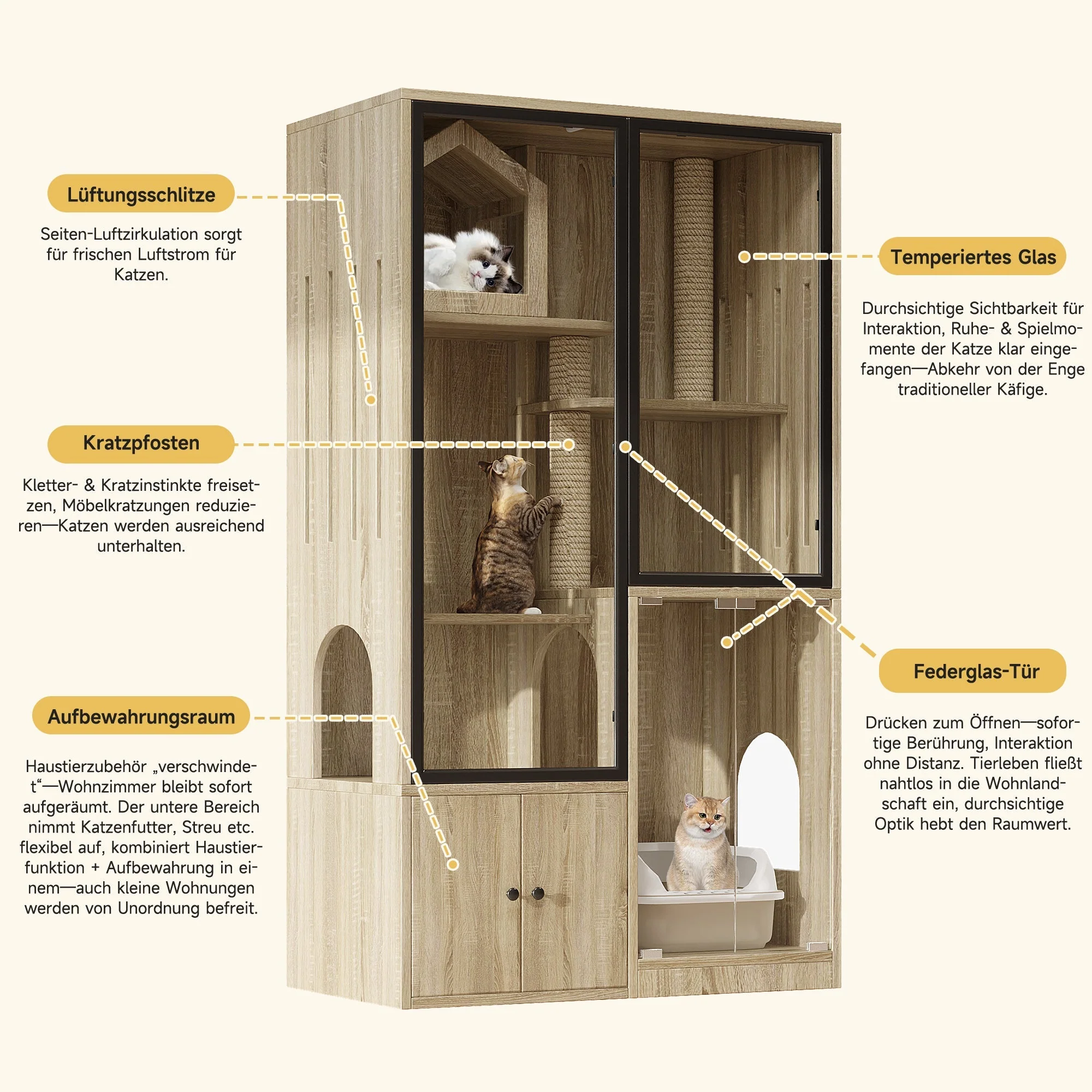 4-Story Glass Cat House Cage Winterproof 90x50x160cm - Natural Wood Color - Image 4