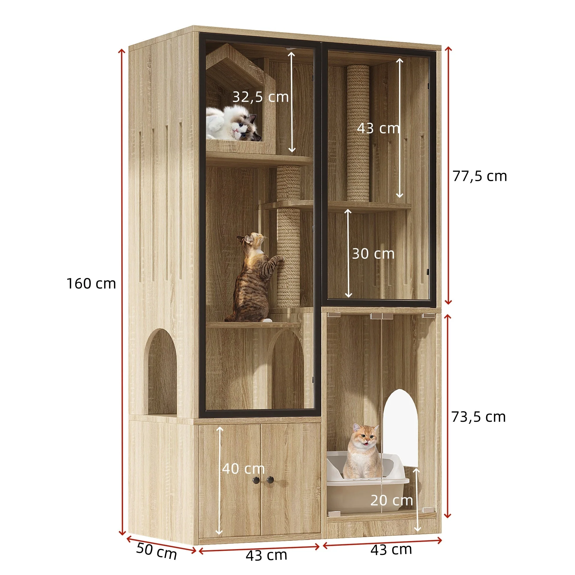 4-Story Glass Cat House Cage Winterproof 90x50x160cm - Natural Wood Color - Image 5