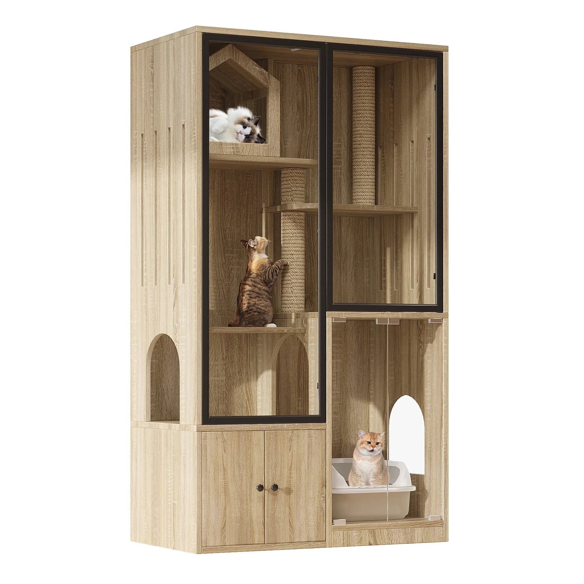 4-Story Glass Cat House Cage Winterproof 90x50x160cm - Natural Wood Color - Image 6