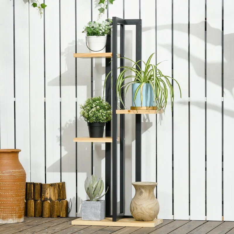 4-Tier Plant Stand, Adjustable 110cm High, Indoor Outdoor, Wood Black+Natural Wood - Image 2