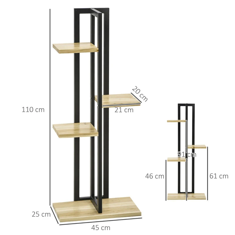 4-Tier Plant Stand, Adjustable 110cm High, Indoor Outdoor, Wood Black+Natural Wood - Image 3
