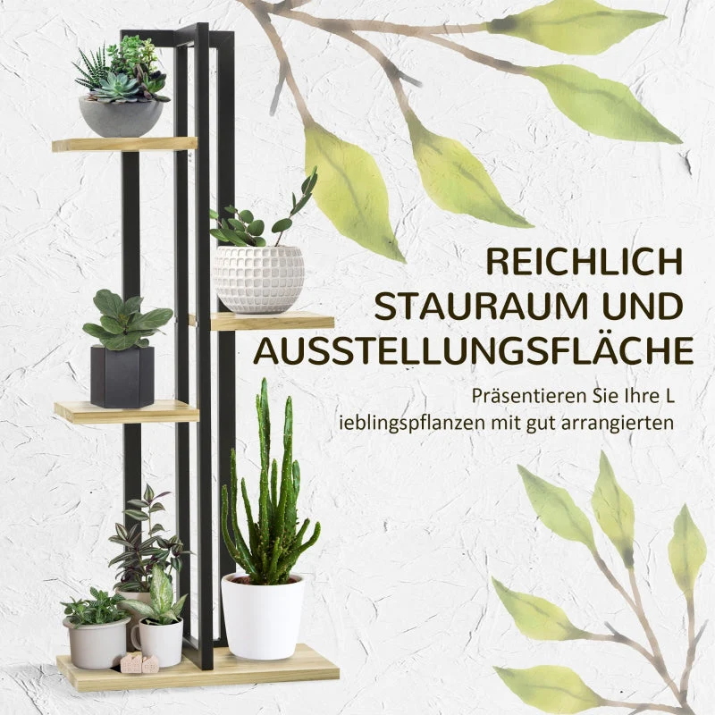 4-Tier Plant Stand, Adjustable 110cm High, Indoor Outdoor, Wood Black+Natural Wood - Image 4
