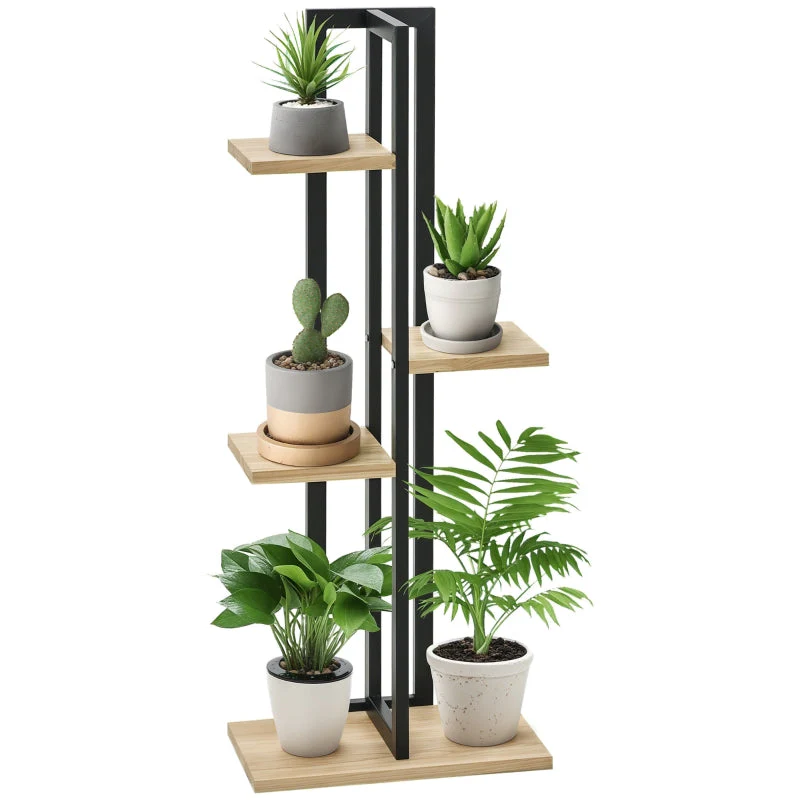 4-Tier Plant Stand, Adjustable 110cm High, Indoor Outdoor, Wood Black+Natural Wood - Image 8