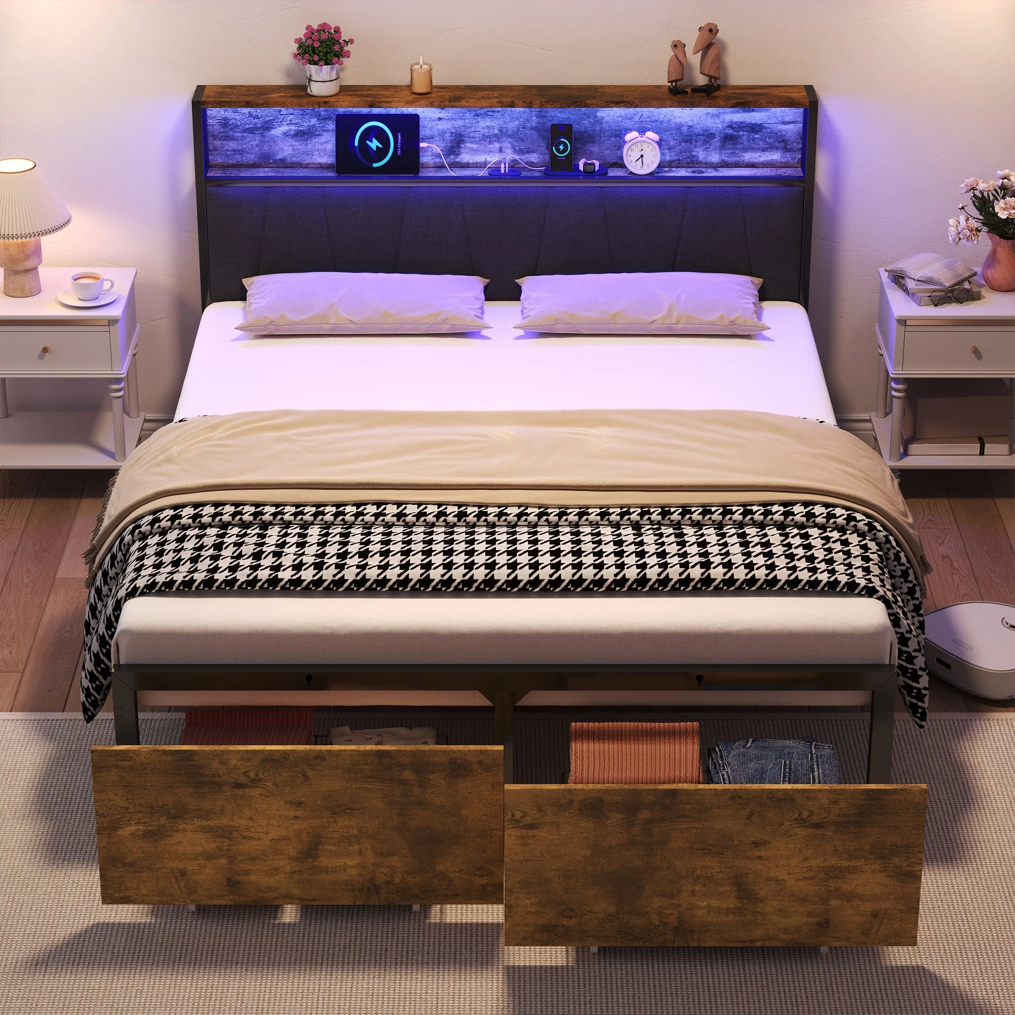 4ft6 Double Bed Frame with 2 Storage Drawers, RGB LED Storage Headboard & Charging Station, Black+Walnut - Image 3