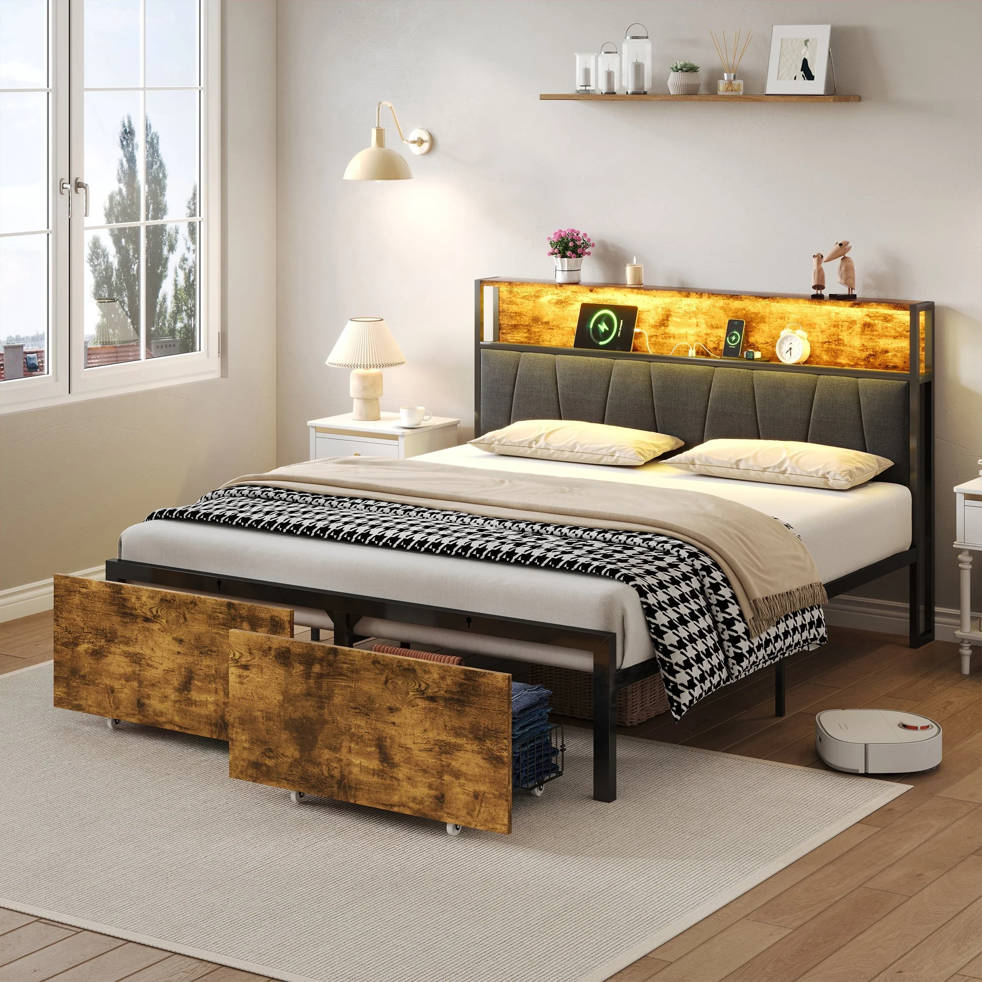 4ft6 Double Bed Frame with 2 Storage Drawers, RGB LED Storage Headboard & Charging Station, Black+Walnut - Image 4