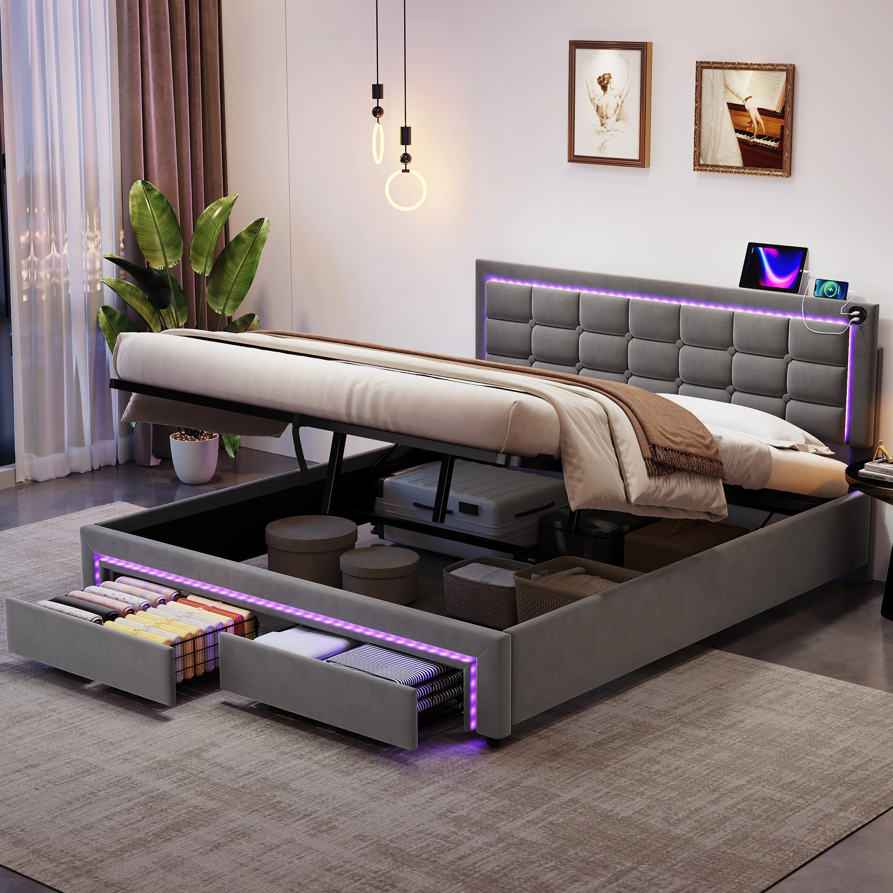 4ft6 Double Upholstered Bed Frame, Hydraulic Storage, LED Headboard, Charging Station, Grey Velvet - Image 3