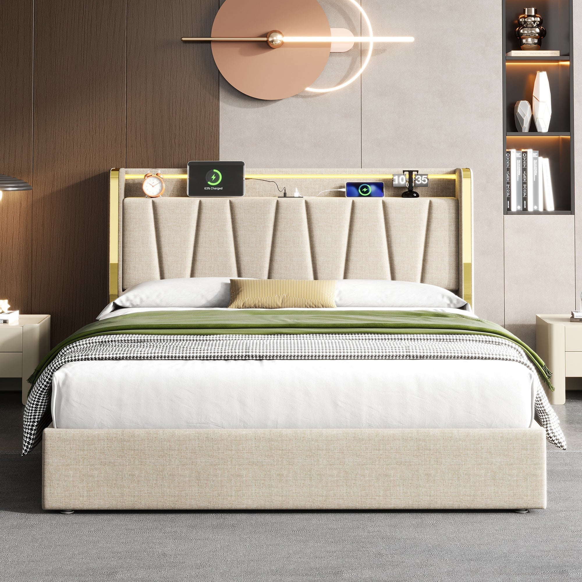 4ft6 Double Upholstered Bed Frame with Hydraulic Storage, LED Headboard & Charging Station, Beige Linen - Image 2