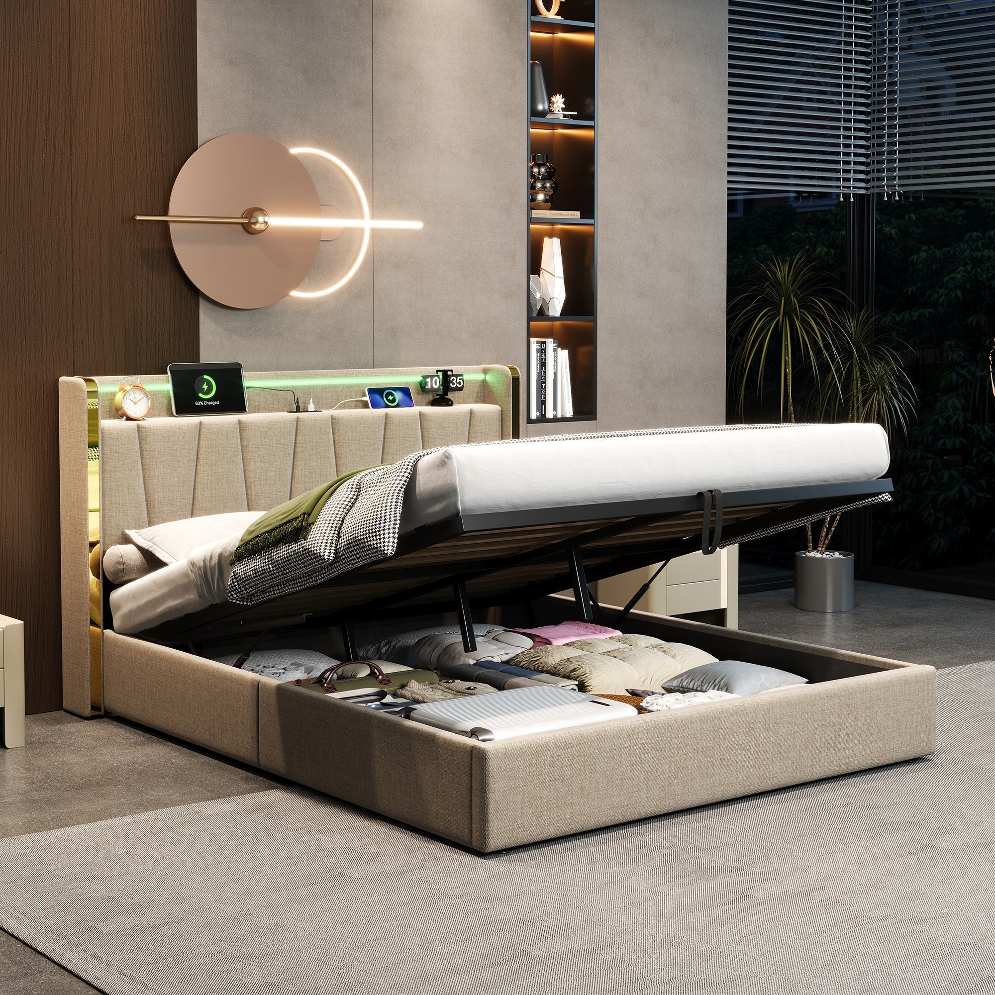 4ft6 Double Upholstered Bed Frame with Hydraulic Storage, LED Headboard & Charging Station, Beige Linen - Image 3