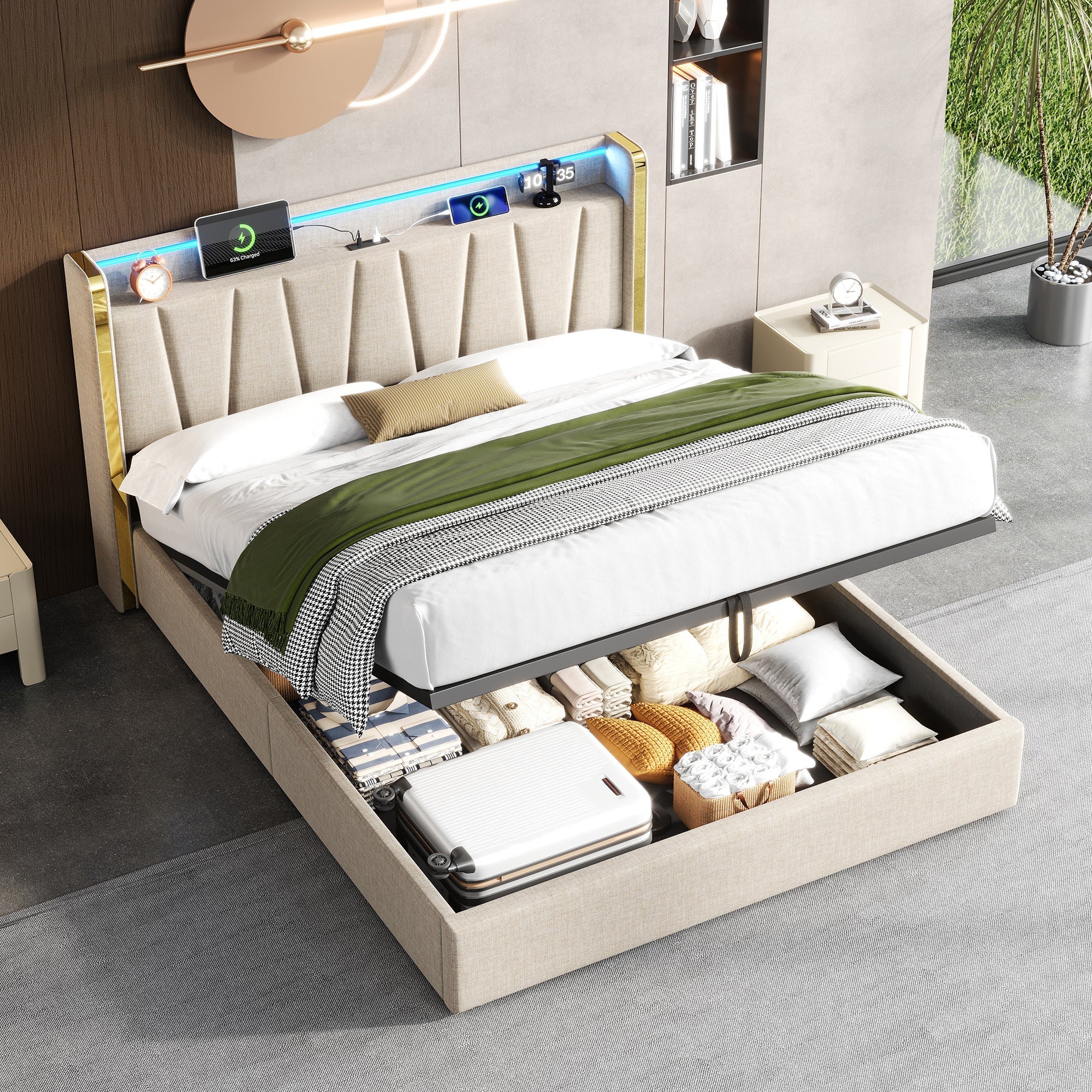 4ft6 Double Upholstered Bed Frame with Hydraulic Storage, LED Headboard & Charging Station, Beige Linen - Image 4