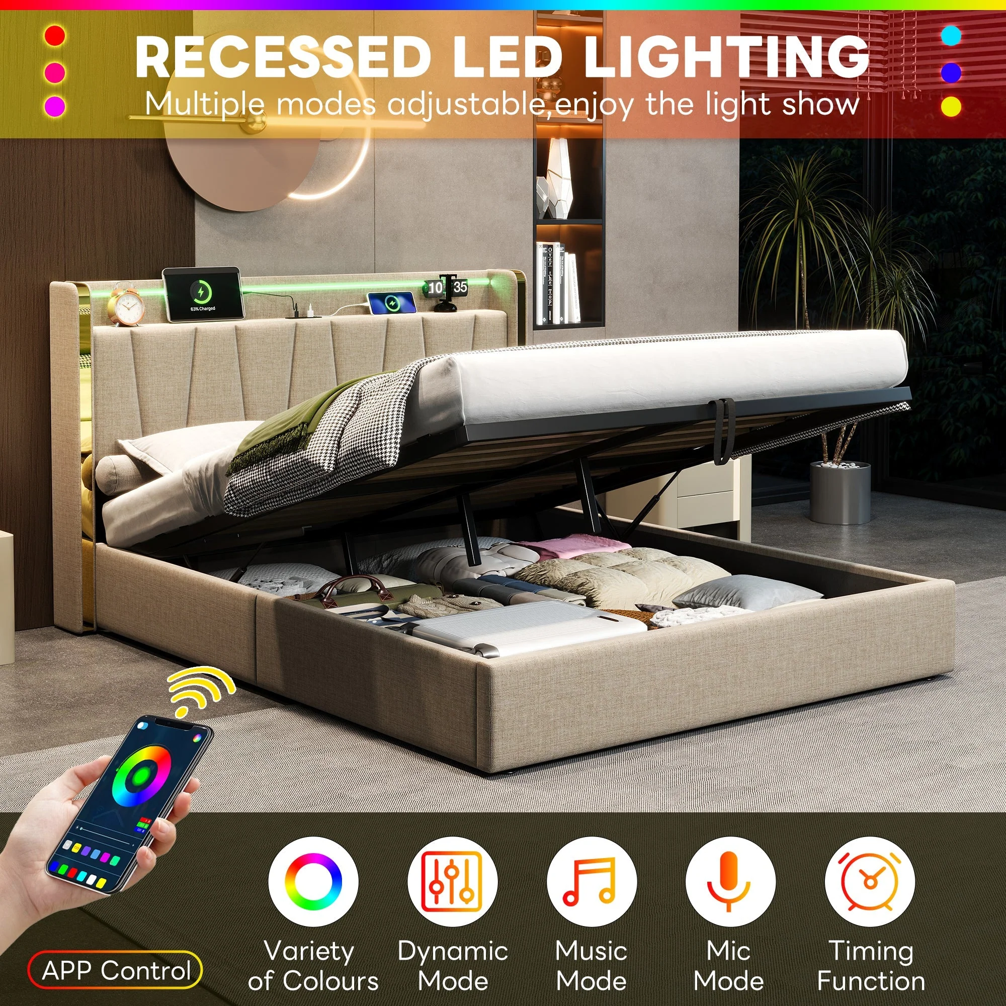4ft6 Double Upholstered Bed Frame with Hydraulic Storage, LED Headboard & Charging Station, Beige Linen - Image 5