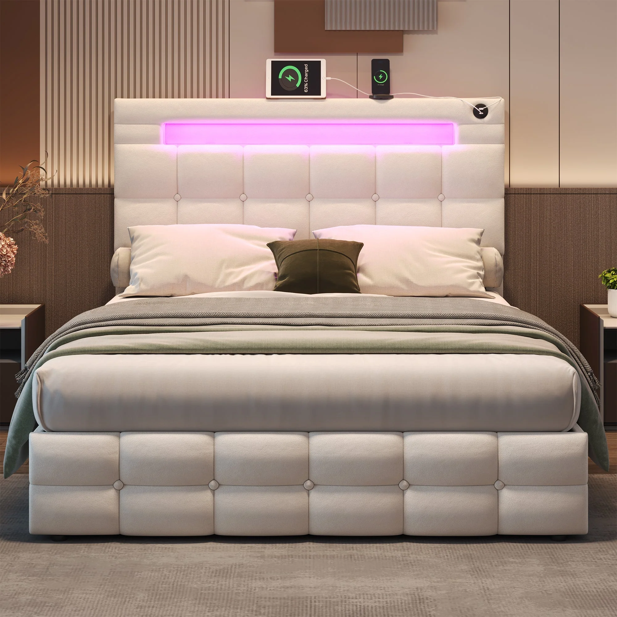 4ft6 Double Upholstered Bed Frame with Hydraulic Storage, LED Lighting, Charging Station, and Adjustable Button Tufted Headboard, Beige Velvet (No Mattress) - Image 3