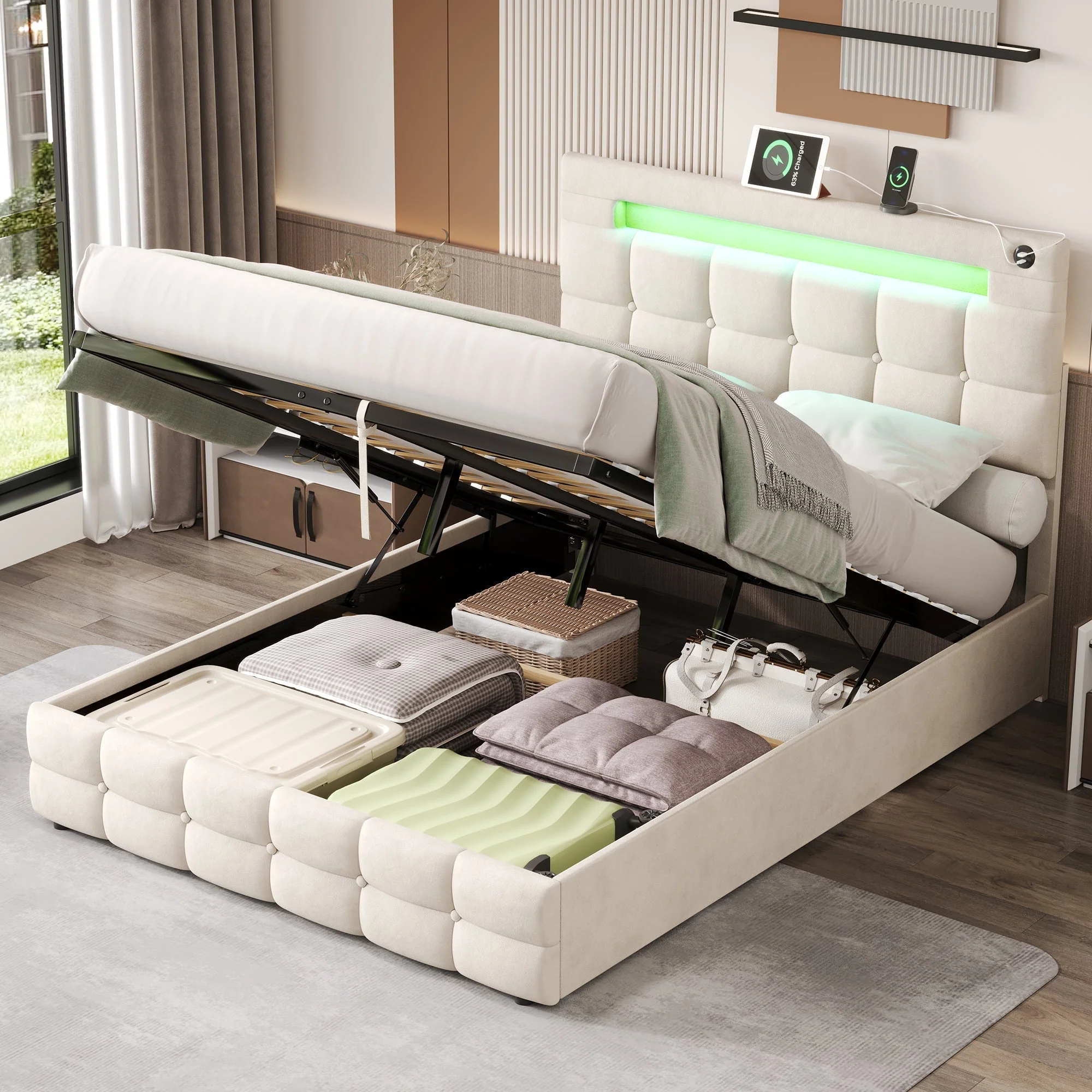 4ft6 Double Upholstered Bed Frame with Hydraulic Storage, LED Lighting, Charging Station, and Adjustable Button Tufted Headboard, Beige Velvet (No Mattress) - Image 5