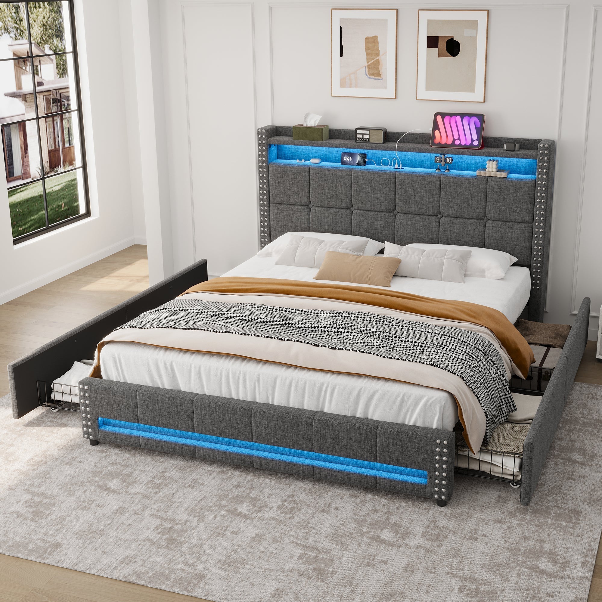 4ft6 Double Upholstered Bed with 4 Storage Drawers, LED Charging Station, Linen Grey - Image 10