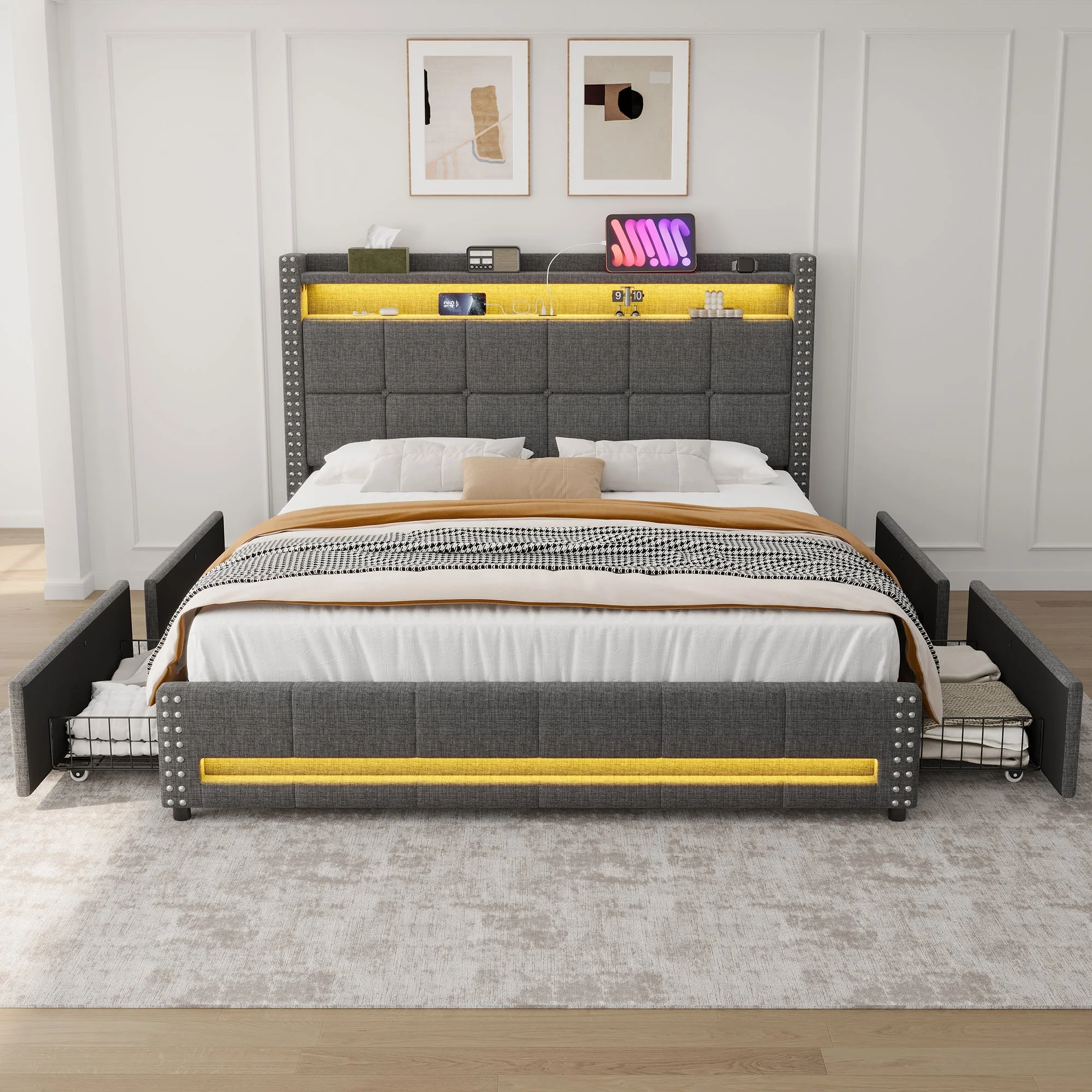 4ft6 Double Upholstered Bed with 4 Storage Drawers, LED Charging Station, Linen Grey - Image 11
