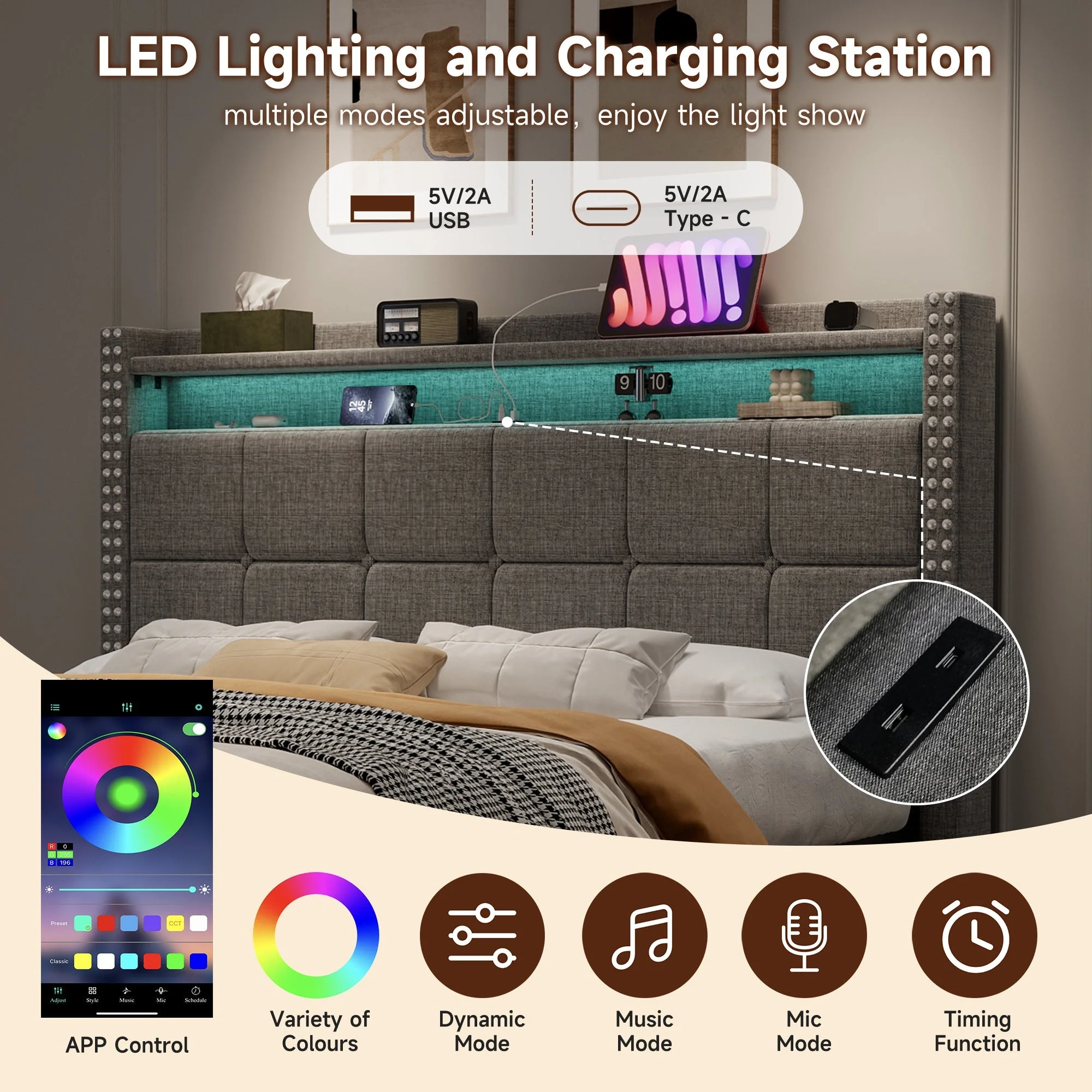 4ft6 Double Upholstered Bed with 4 Storage Drawers, LED Charging Station, Linen Grey - Image 14