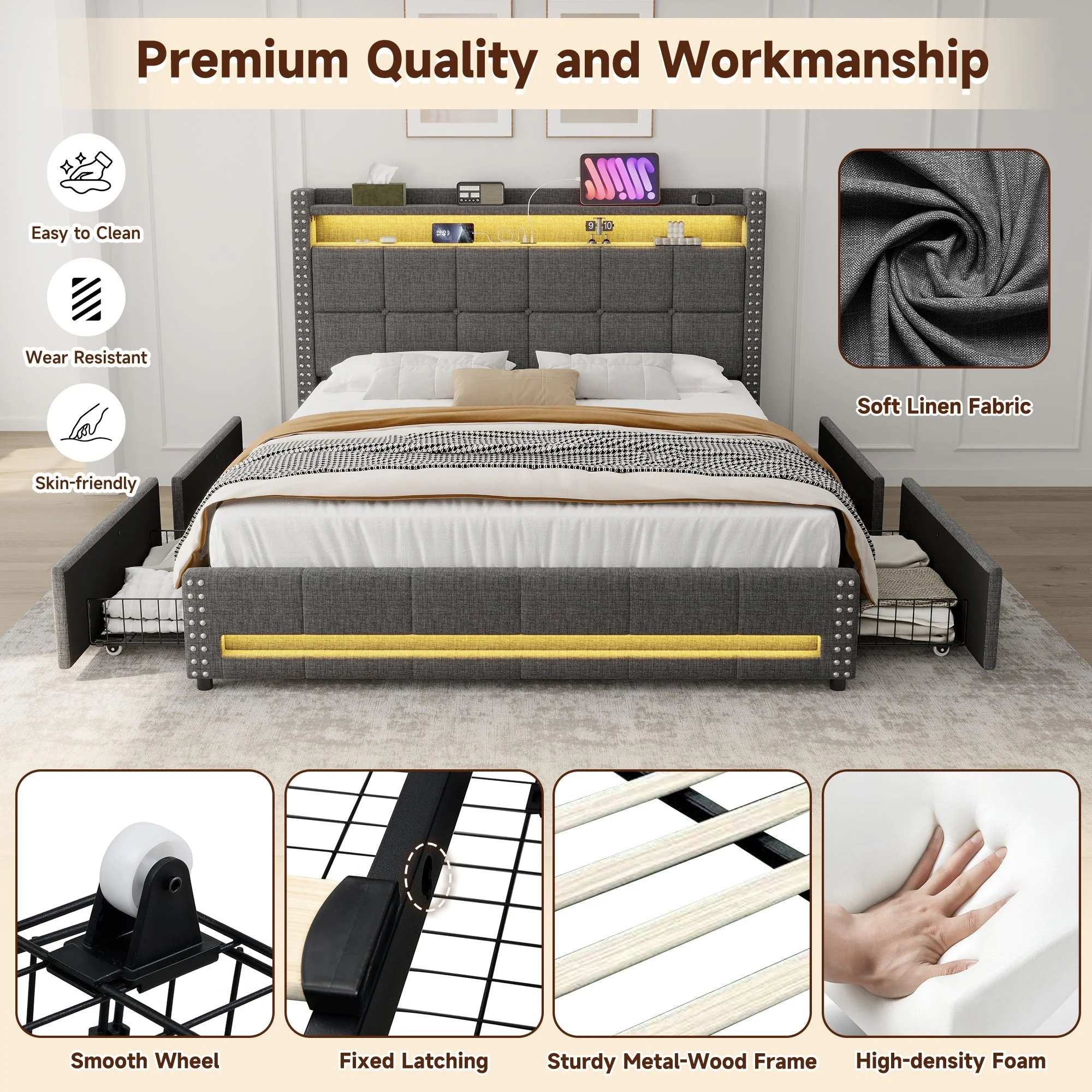 4ft6 Double Upholstered Bed with 4 Storage Drawers, LED Charging Station, Linen Grey - Image 15