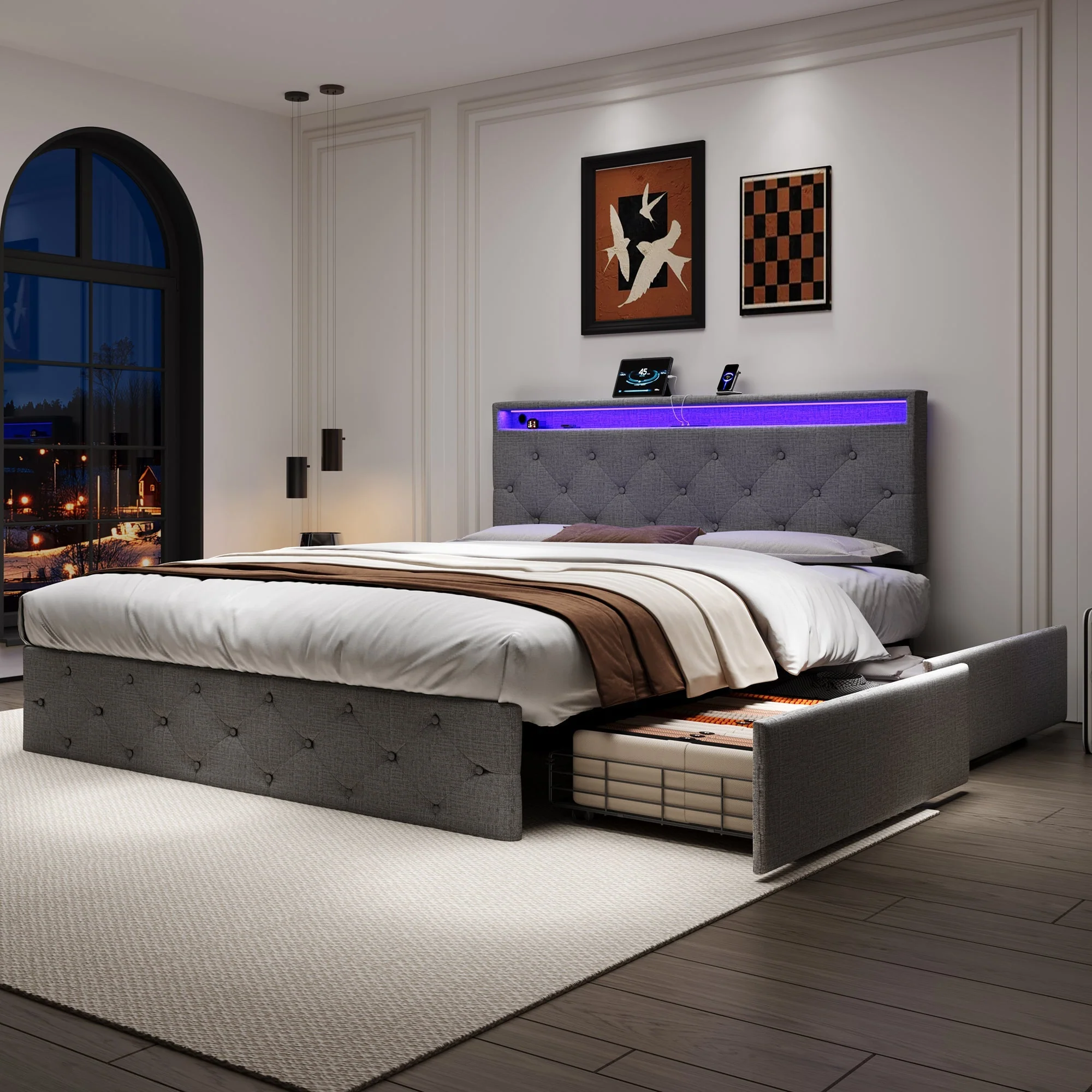 4ft6 Double Upholstered Bed with 4 Storage Drawers, LED Charging Station, Linen Grey - Image 3