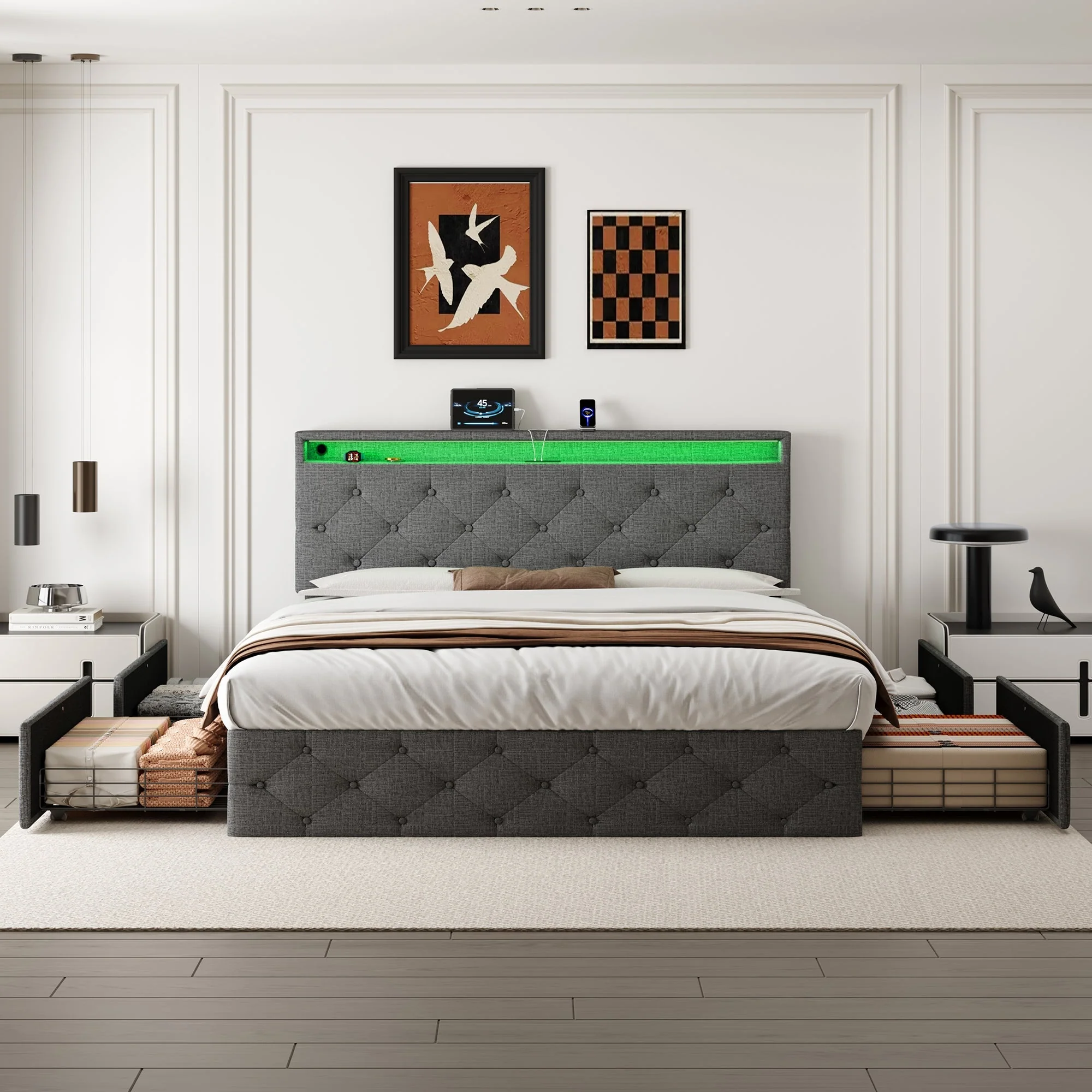 4ft6 Double Upholstered Bed with 4 Storage Drawers, LED Charging Station, Linen Grey - Image 4