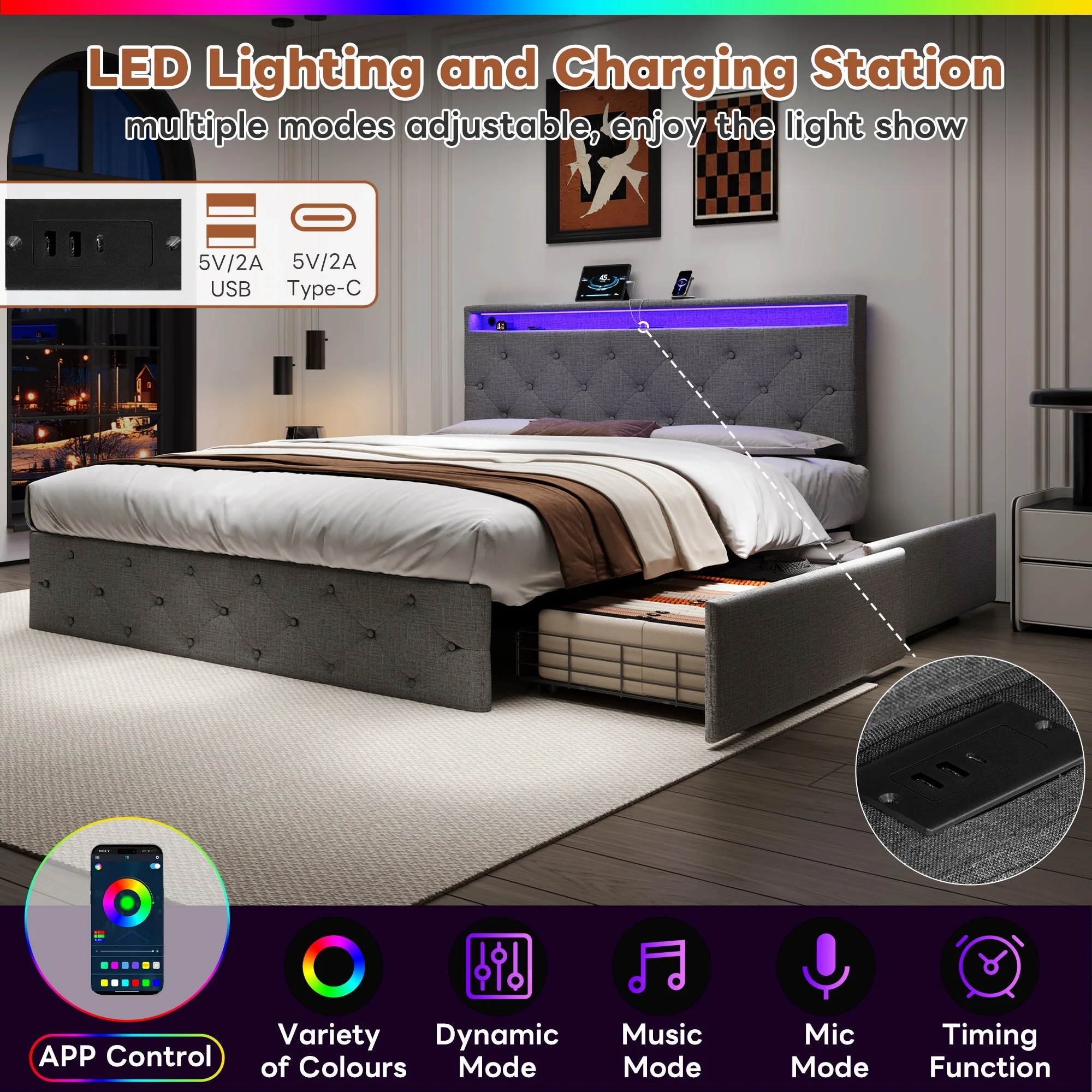 4ft6 Double Upholstered Bed with 4 Storage Drawers, LED Charging Station, Linen Grey - Image 6