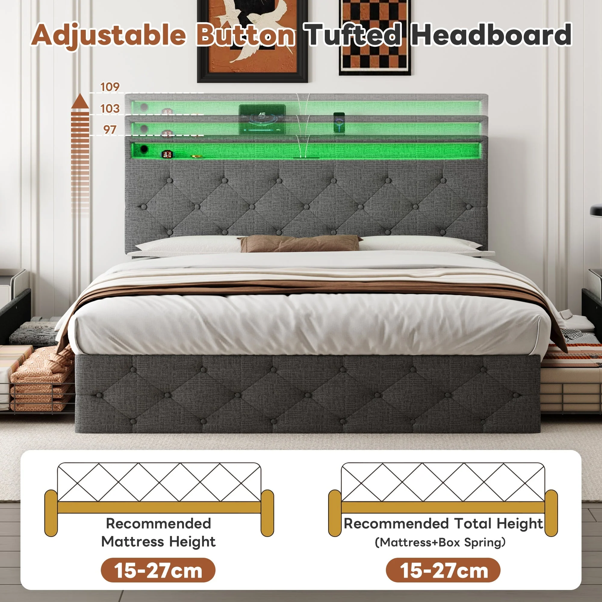 4ft6 Double Upholstered Bed with 4 Storage Drawers, LED Charging Station, Linen Grey - Image 7