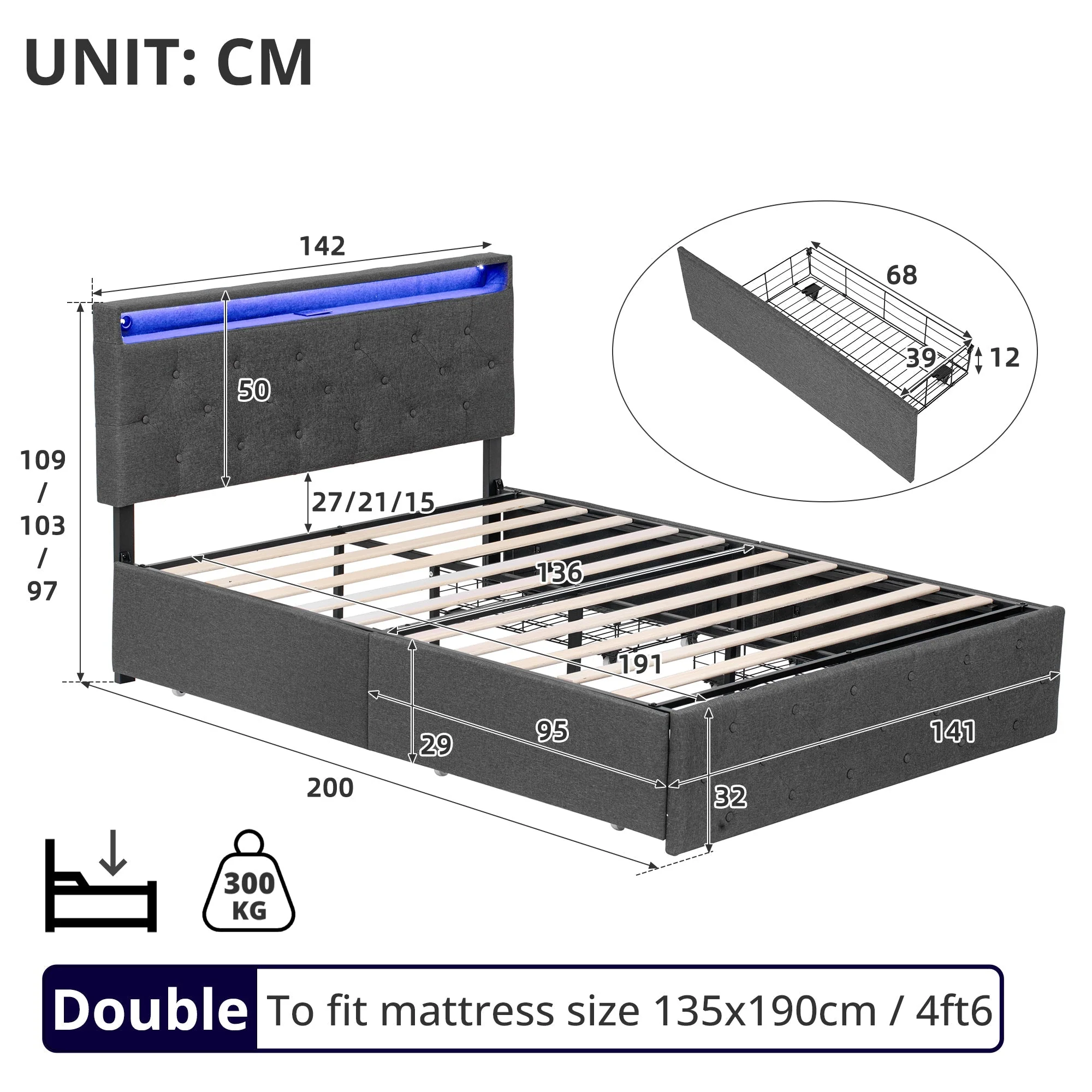 4ft6 Double Upholstered Bed with 4 Storage Drawers, LED Charging Station, Linen Grey - Image 8
