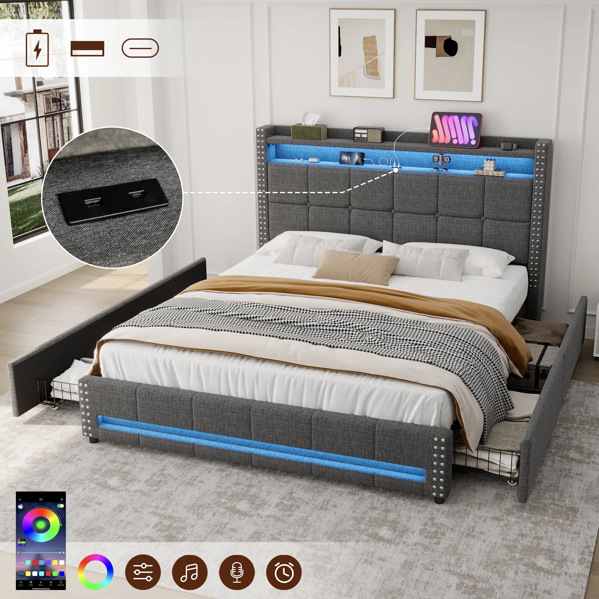 4ft6 Double Upholstered Bed with 4 Storage Drawers, LED Charging Station, Linen Grey - Image 9