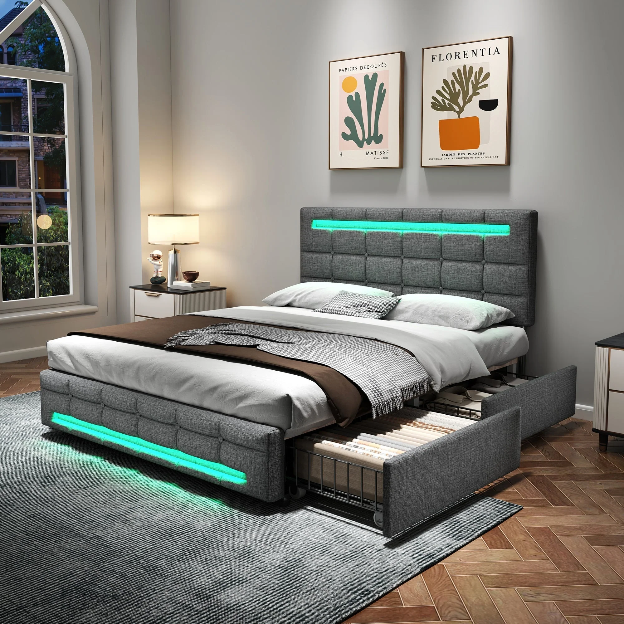4ft6 Double Upholstered Bed with LED Lighting, Storage Drawers, Adjustable Button Tufted Headboard, Linen Fabric, Grey - Image 2