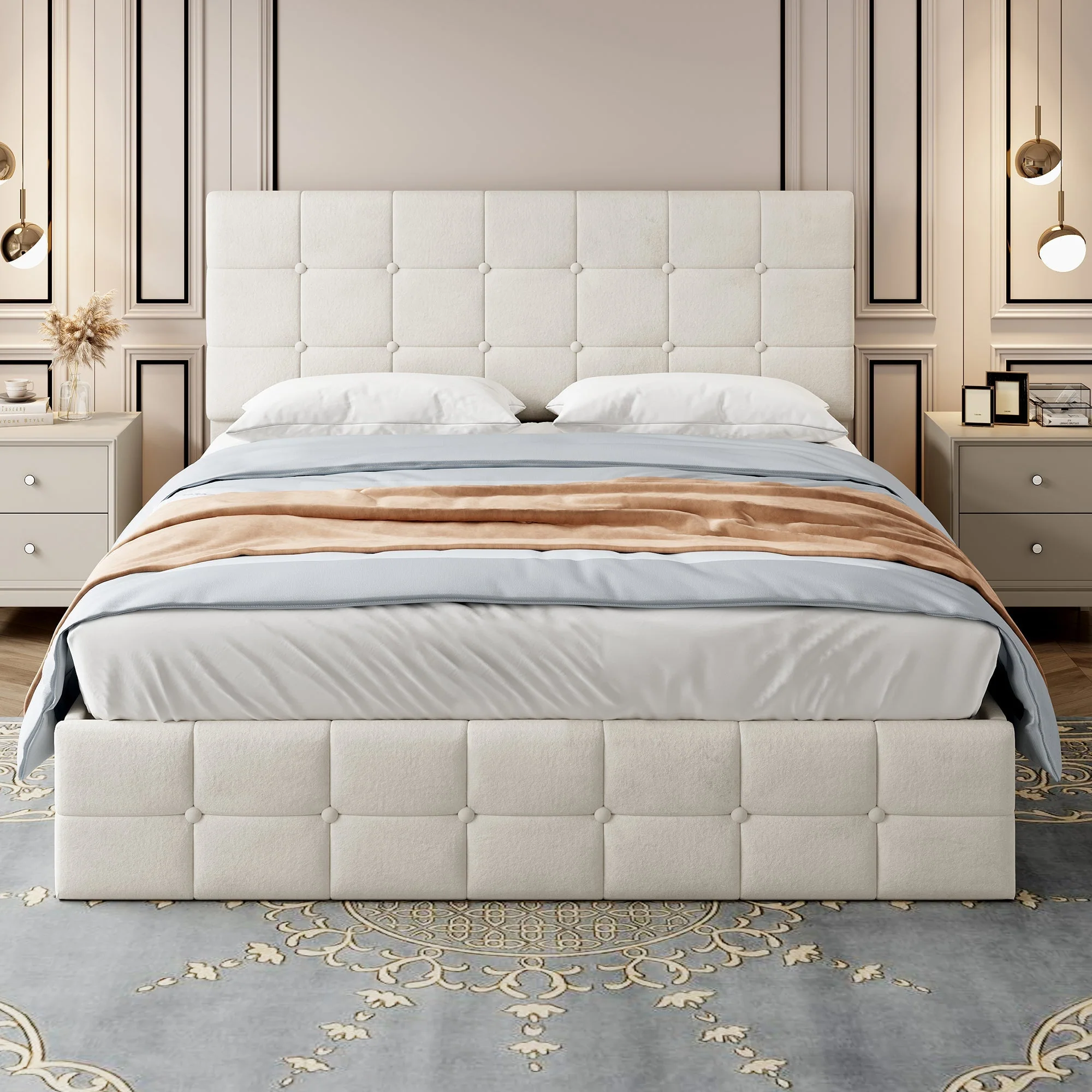 4ft6 Double Upholstered Storage Bed Frame, Velvet Ottoman with Hydraulic Storage & Adjustable Button Tufted Headboard, Metal-Wood Support, Beige - Image 3