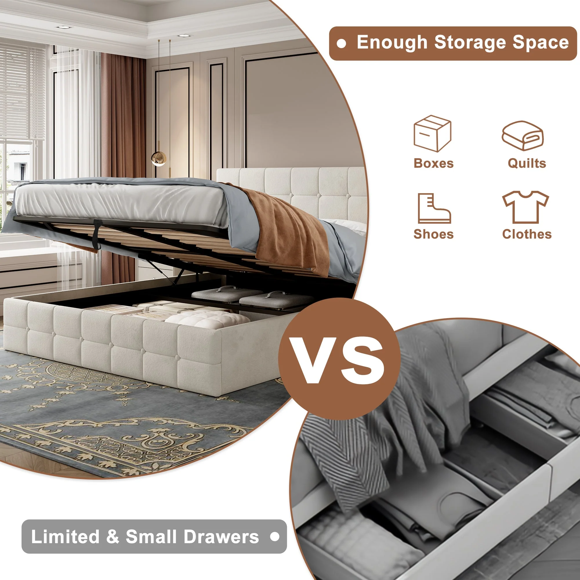 4ft6 Double Upholstered Storage Bed Frame, Velvet Ottoman with Hydraulic Storage & Adjustable Button Tufted Headboard, Metal-Wood Support, Beige - Image 5
