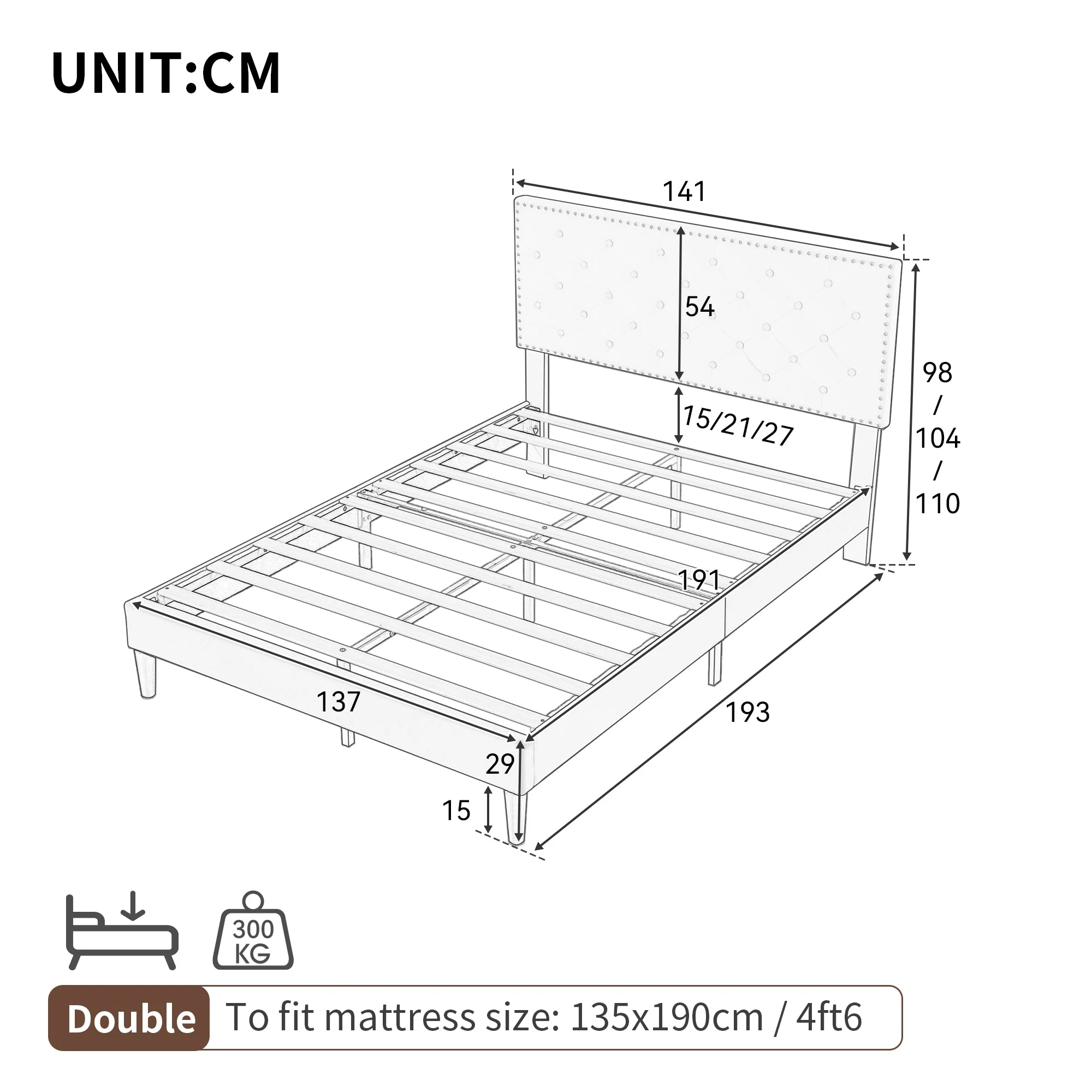 4ft6 Double Upholstered Velvet Bed Frame, Adjustable Button-Tufted & Riveted Headboard, Beige Velvet - Image 6