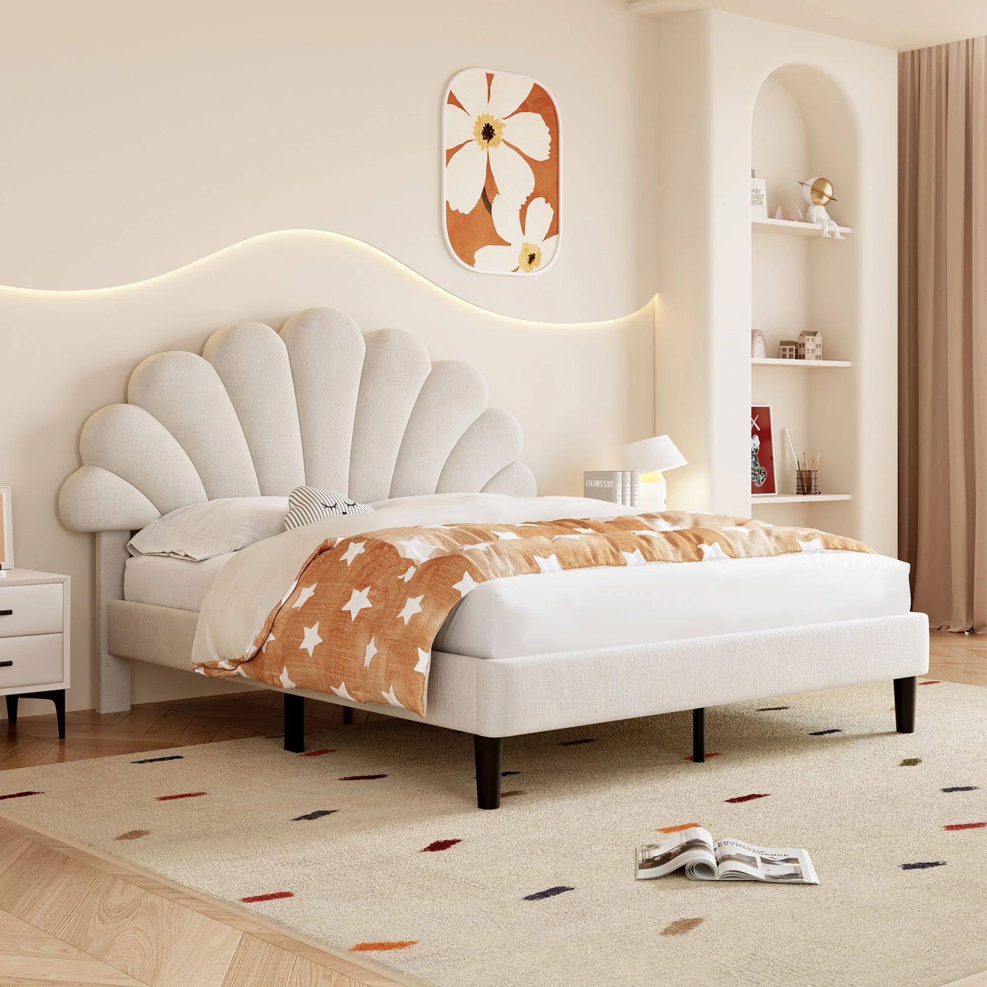4ft6 Double Upholstered Velvet Bed Frame, Adjustable Chic Petal Headboard, Beige - Image 2