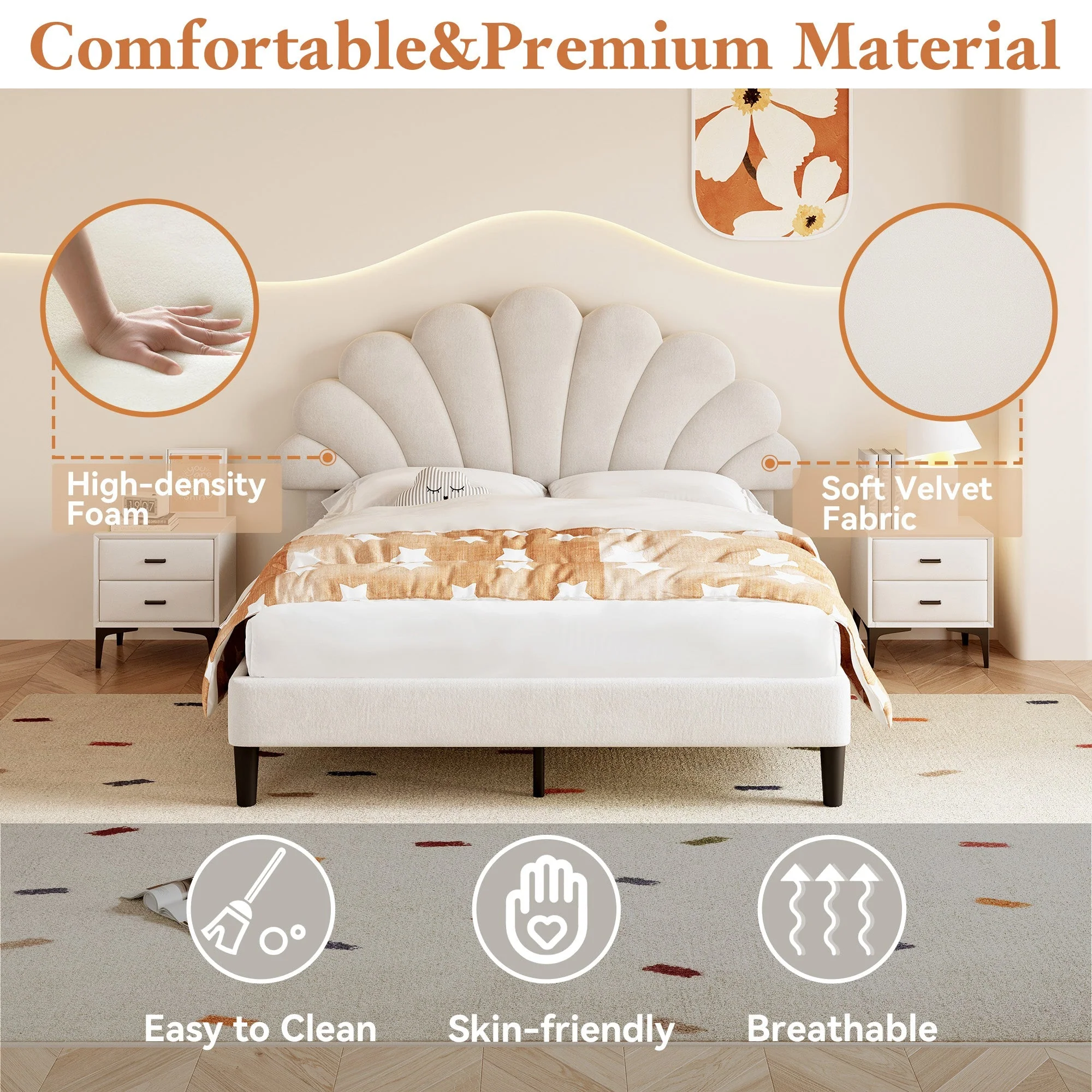 4ft6 Double Upholstered Velvet Bed Frame, Adjustable Chic Petal Headboard, Beige - Image 6