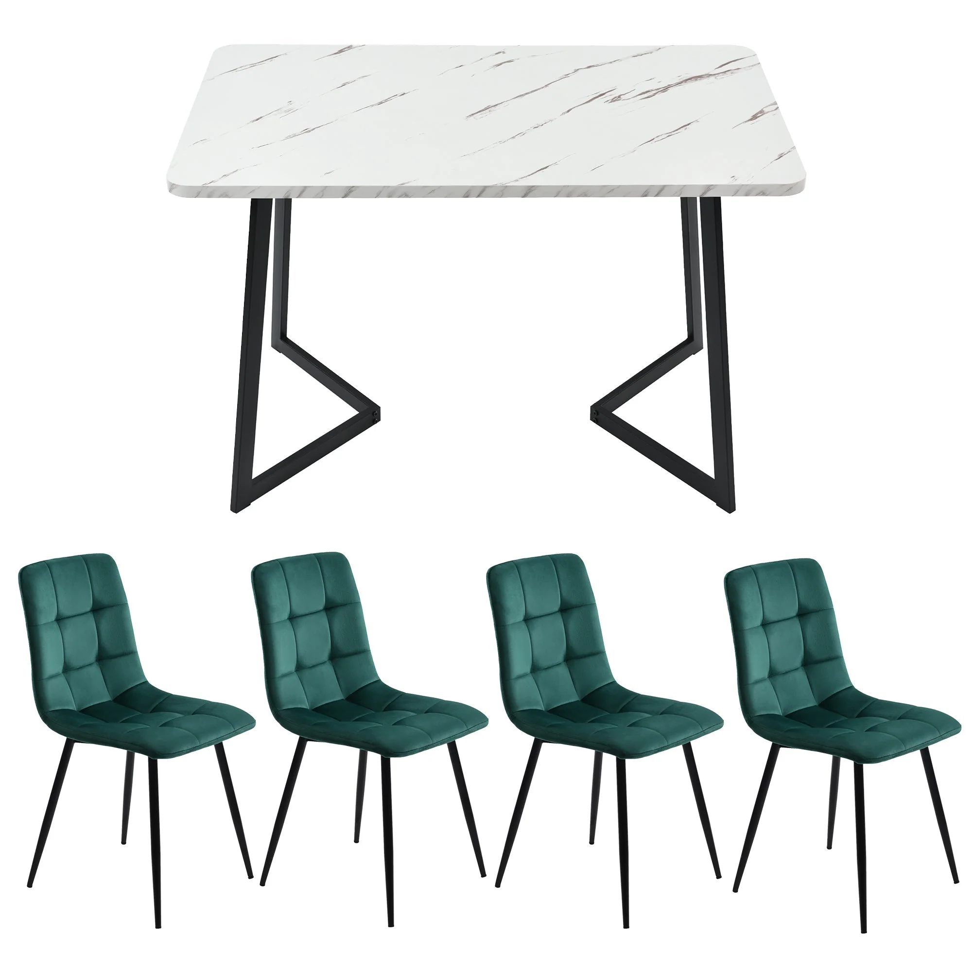 5-Piece Dining Set 117cm Rectangular Kitchen Table & 4 Dark Green Velvet Chairs Black Legs - Image 2