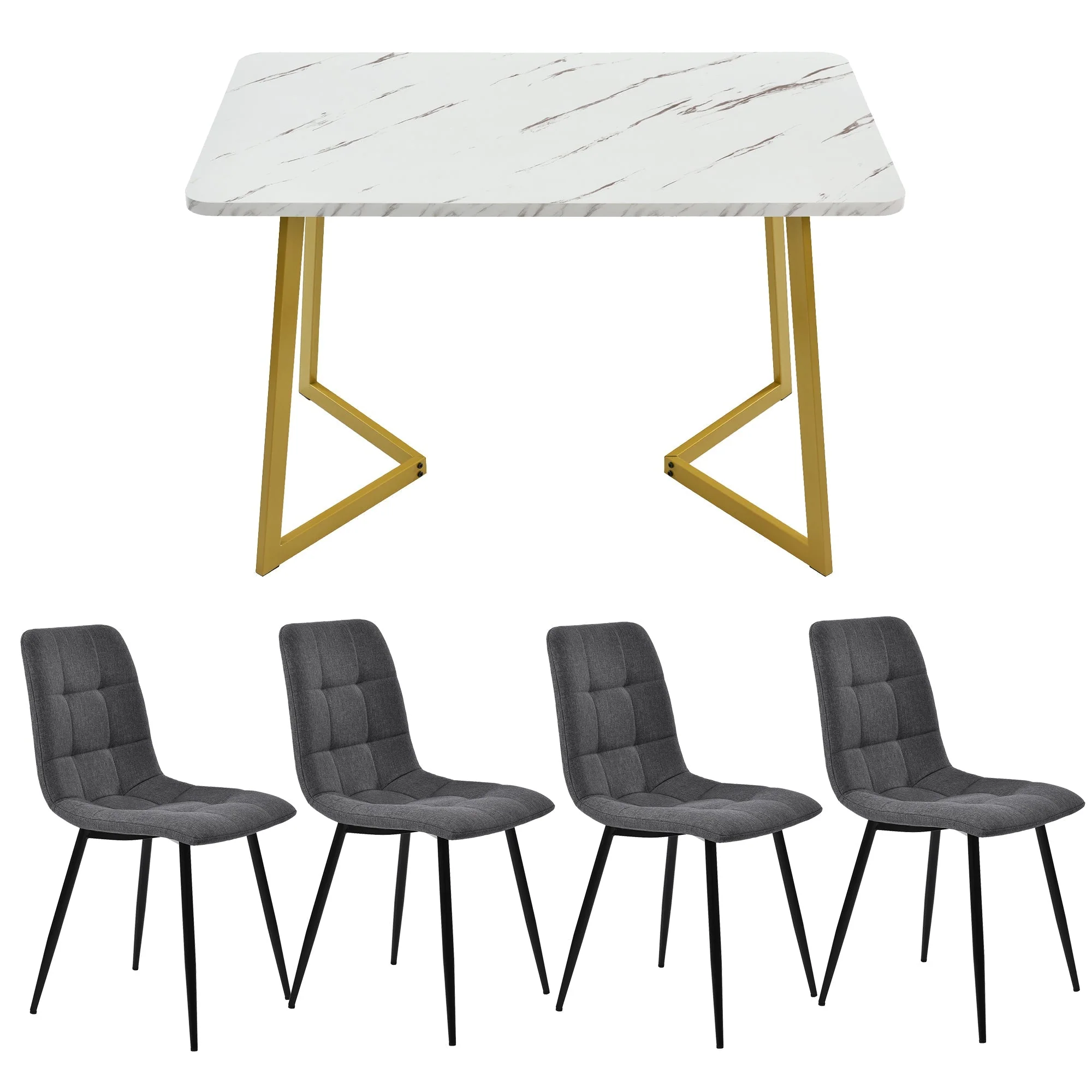 5-Piece Dining Set 117cm Rectangular Table 4 Dark Grey Linen Chairs Gold Legs - Image 2