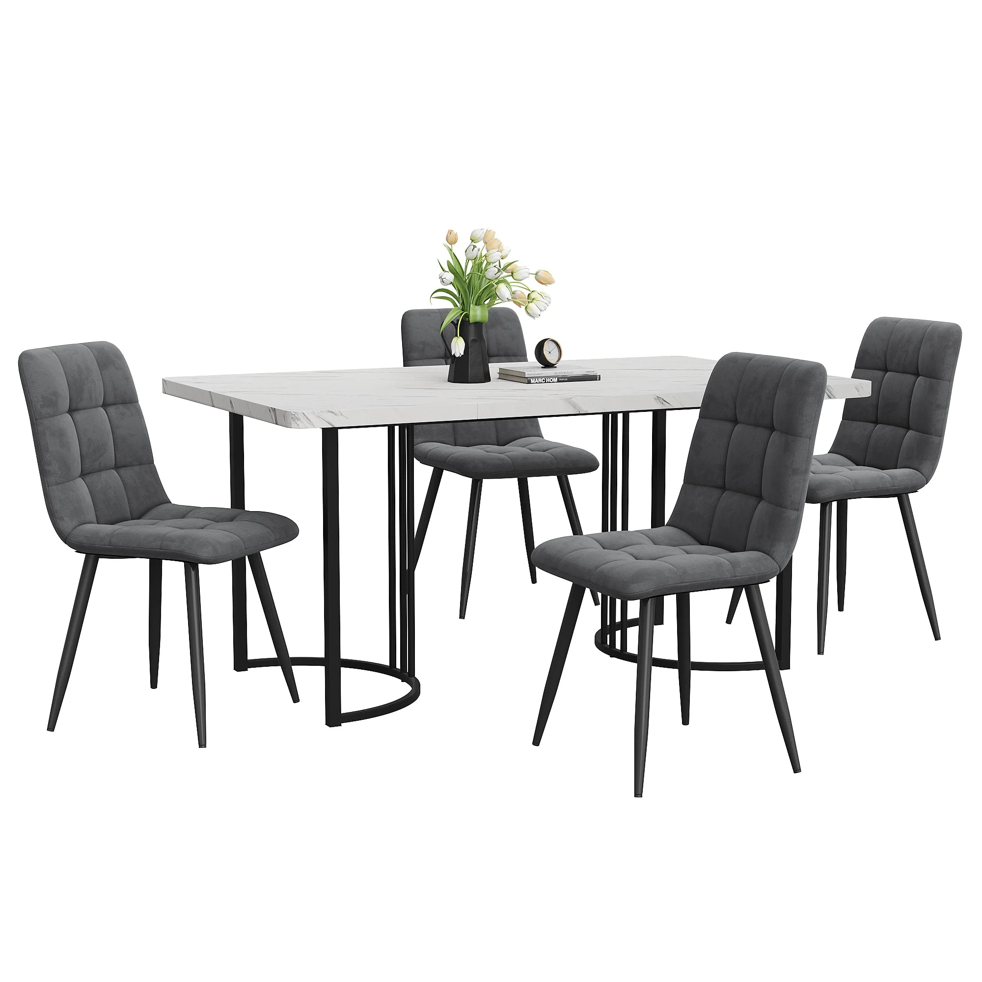 5-Piece Dining Set 140x80cm Modern Black Metal Legs White MDF Dark Grey Velvet Chairs - Image 3